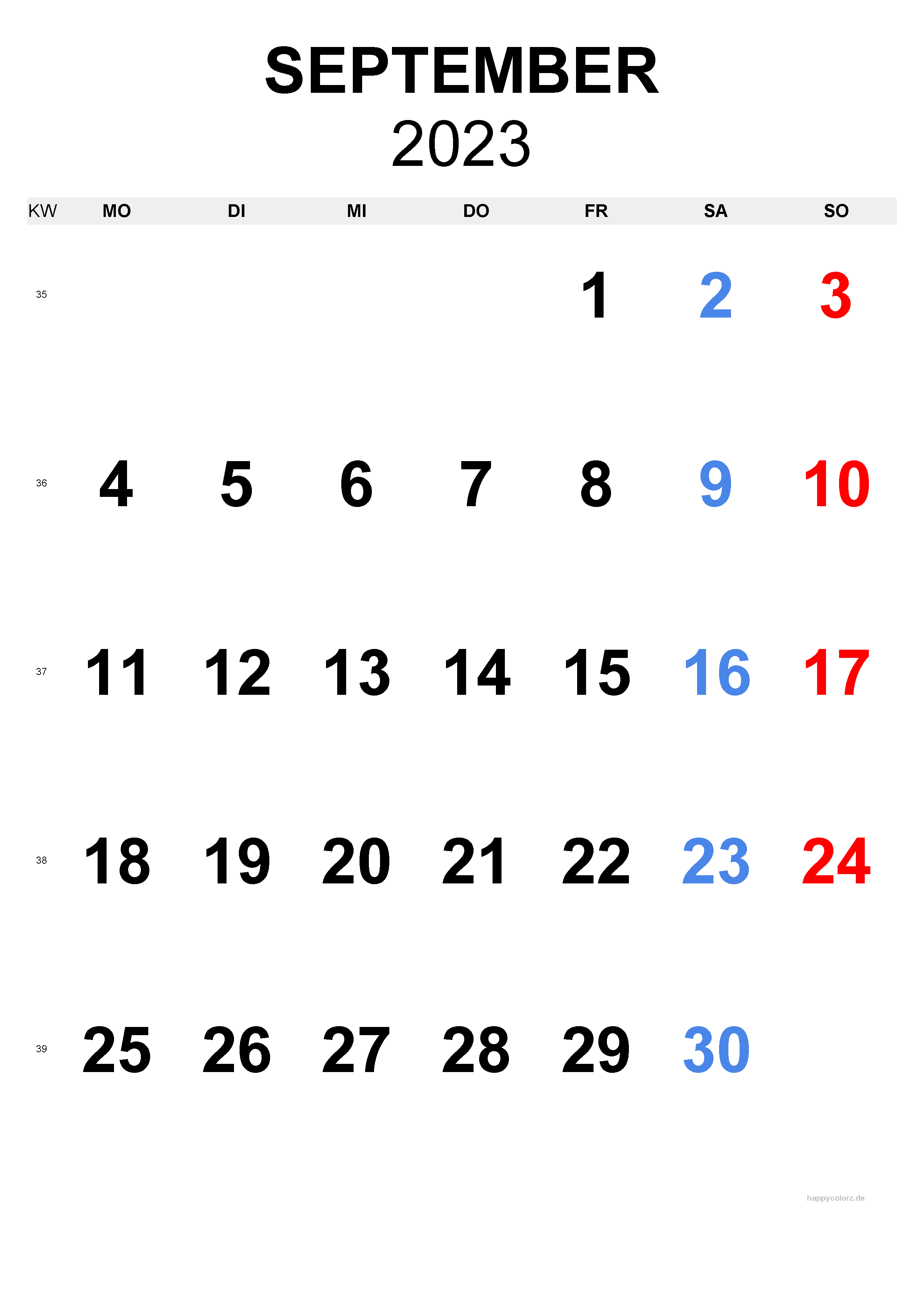 September 2023 Kalender - Hochformat, kostenlos zum Ausdrucken