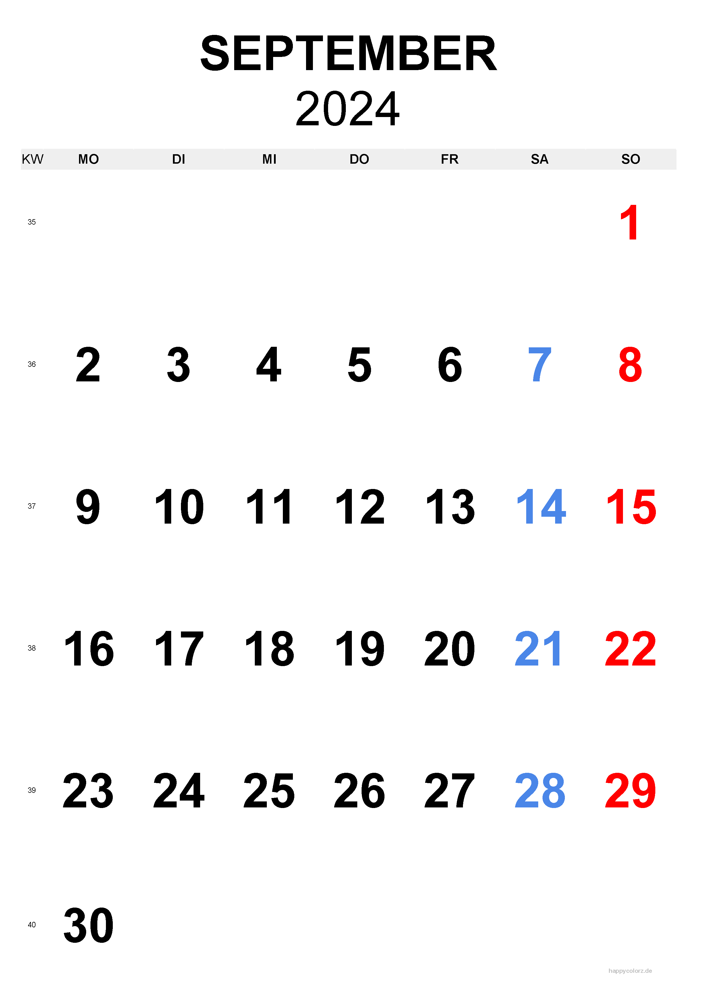 September 2024 Kalender - Hochformat, kostenlos zum Ausdrucken