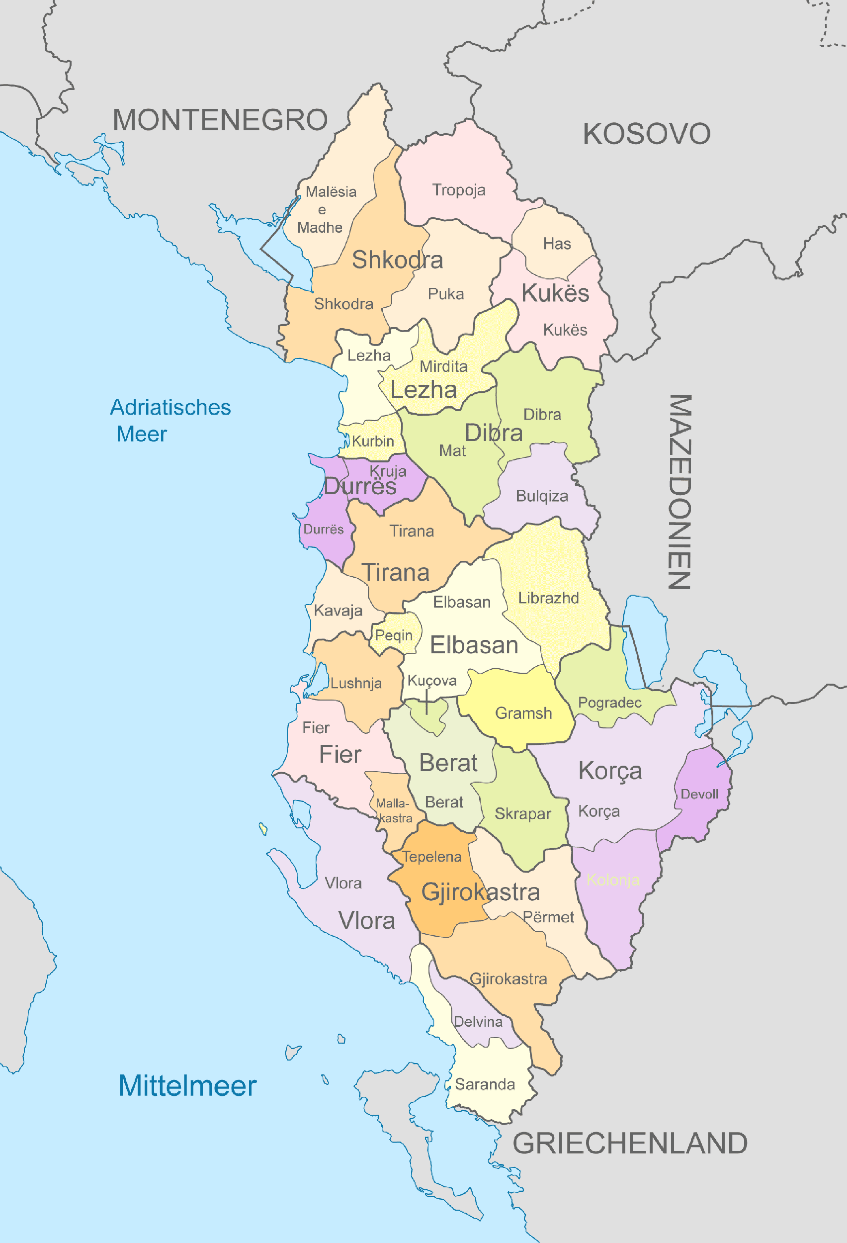 Albanien-Karte mit Nachbarstaaten und farblich markierten Regionen