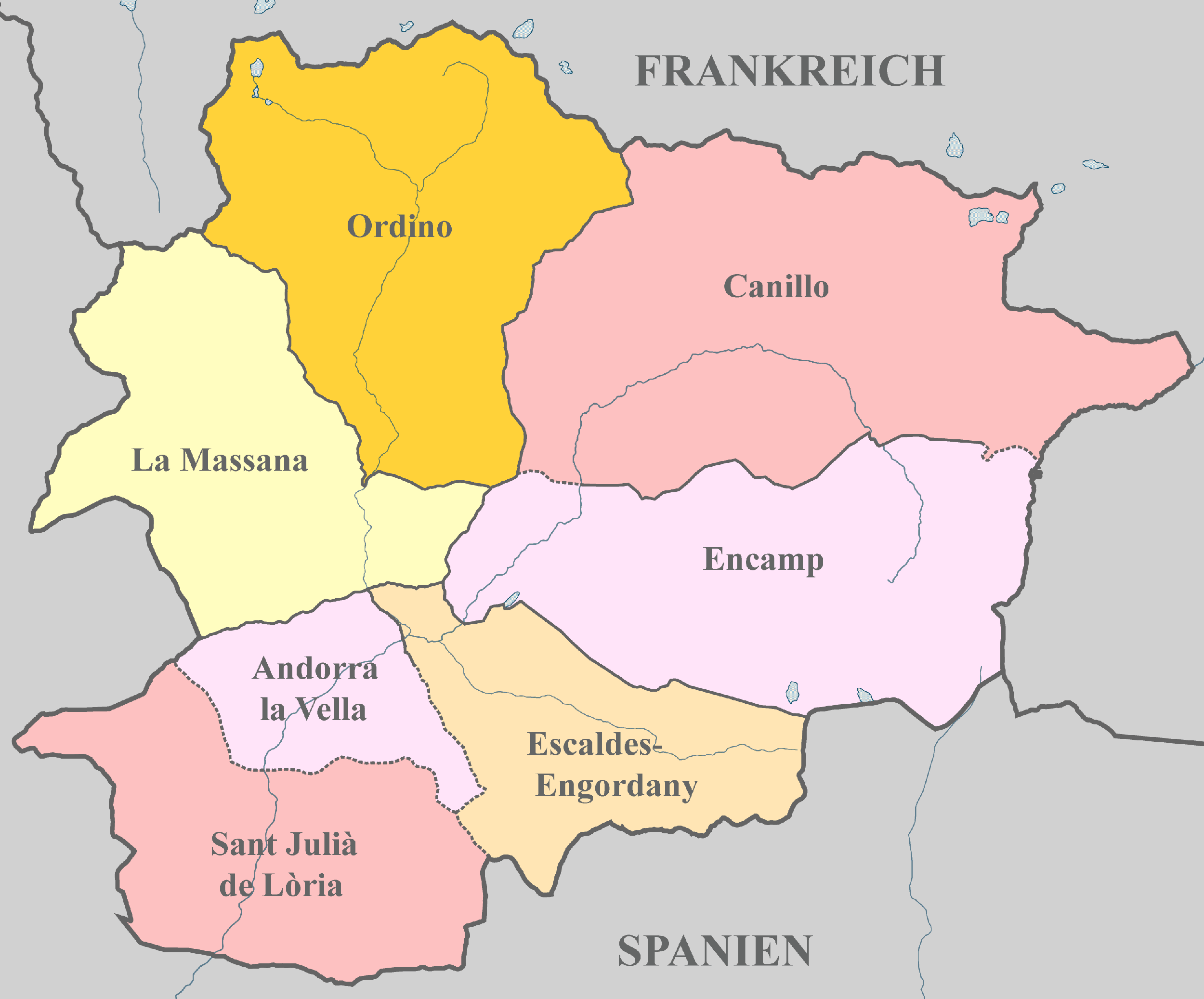 Andorra-Karte mit Nachbarstaaten und farblich markierten Regionen
