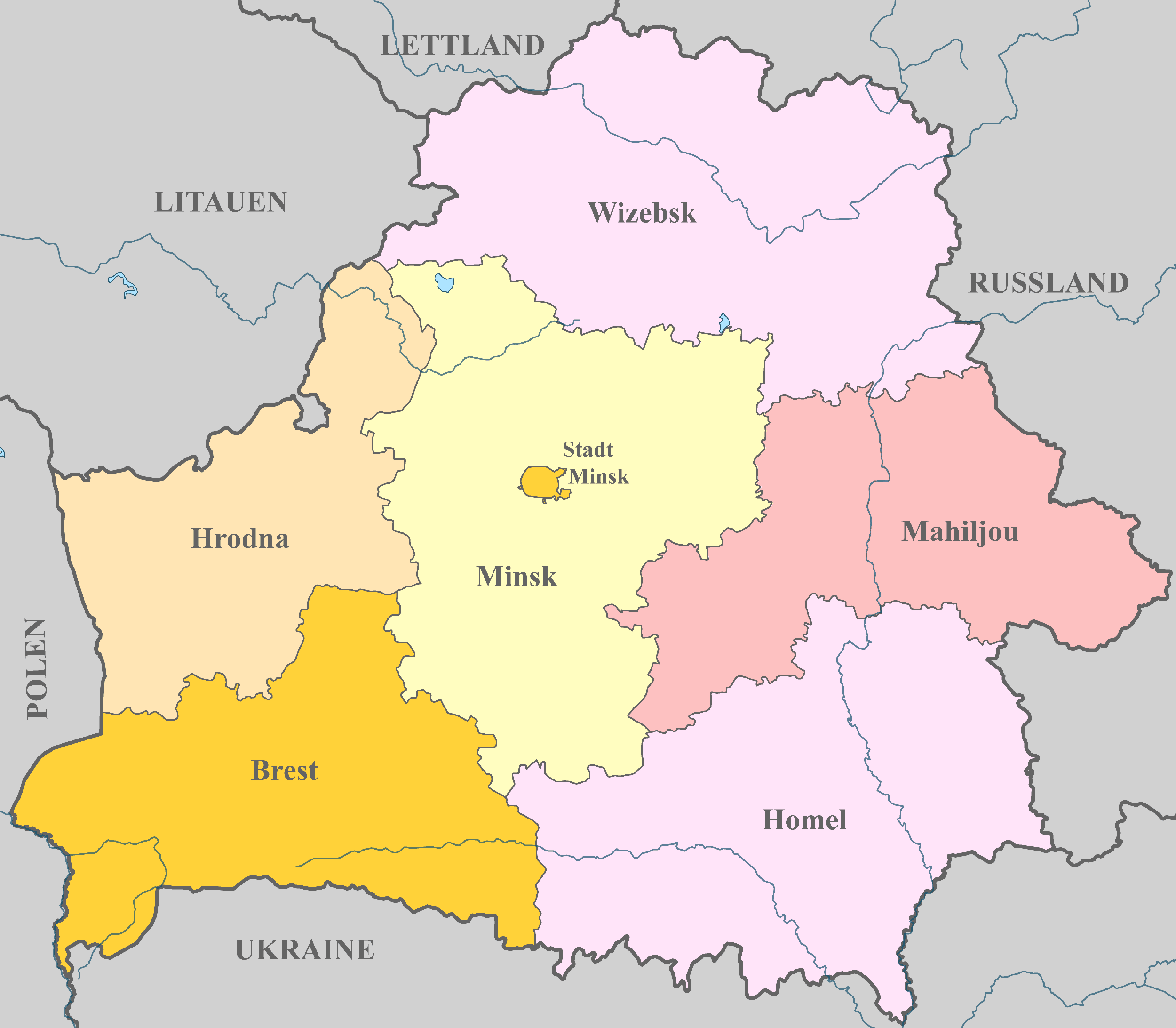 Belarus-Karte mit Nachbarstaaten und farblich markierten Regionen