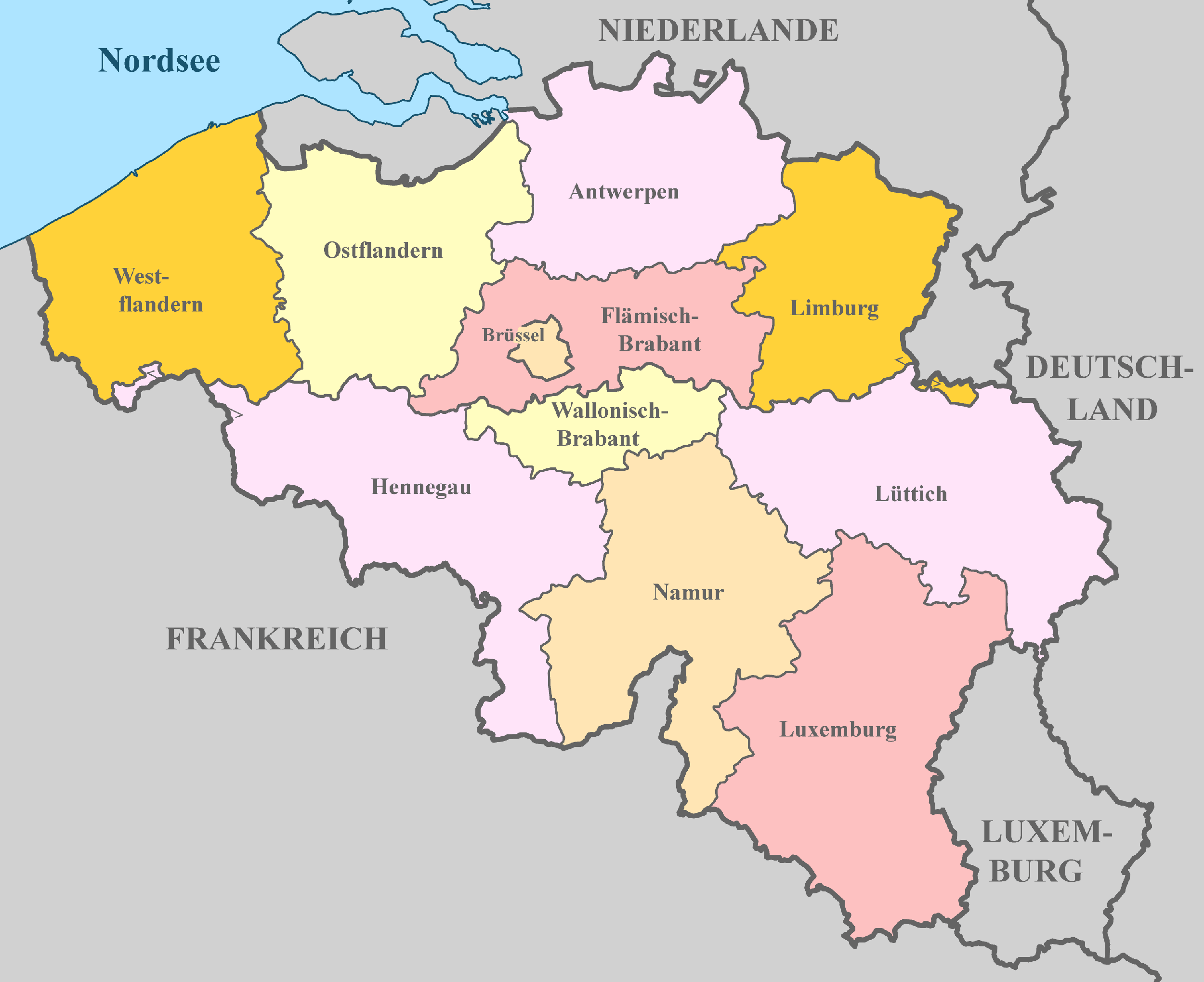 Belgien-Karte mit Nachbarstaaten und farblich markierten Regionen