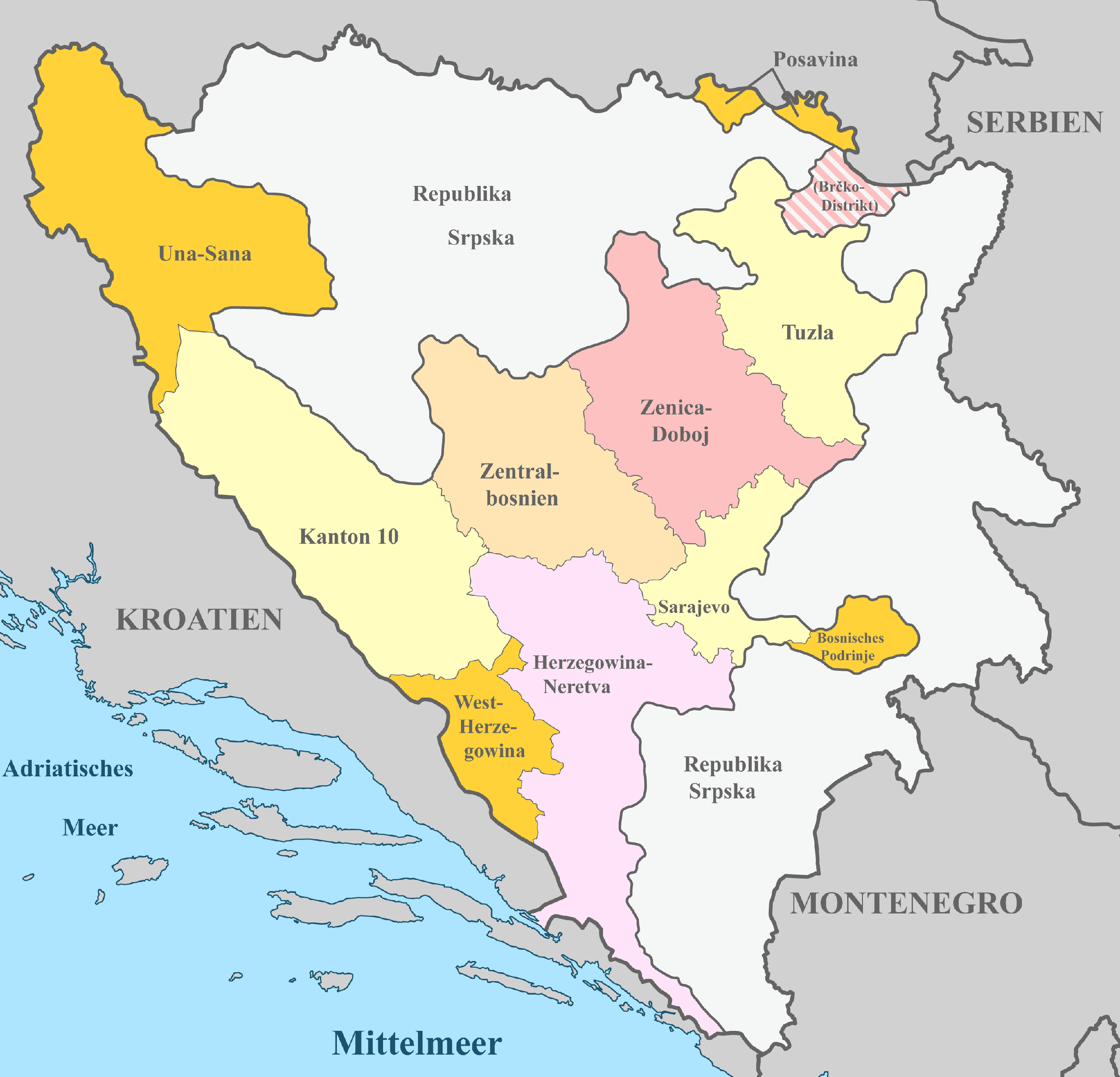 Bosnien und Herzegowina-Karte mit Nachbarstaaten und farblich markierten Regionen