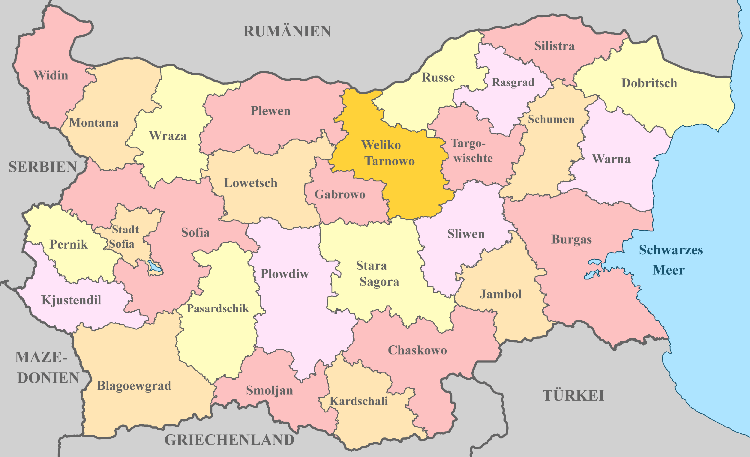 Bulgarien Karte mit Nachbarstaaten und farblich markierten Regionen