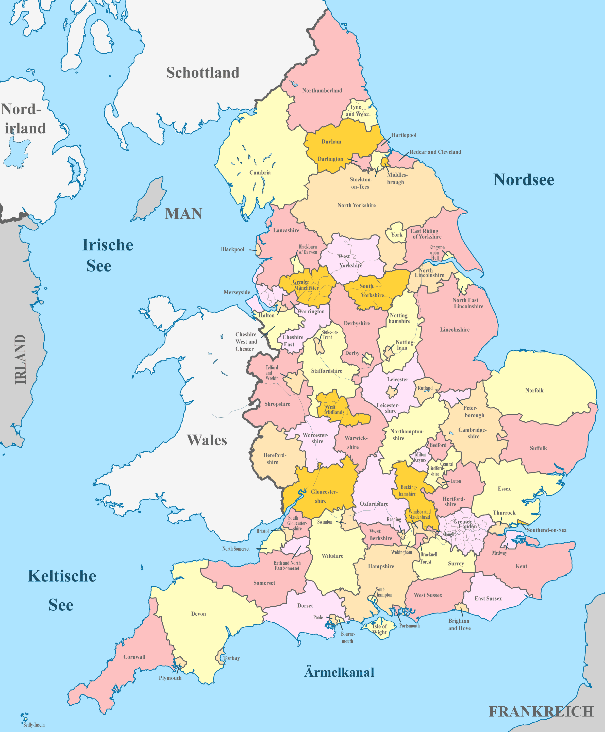 England Karte mit Nachbarstaaten und farblich markierten Regionen