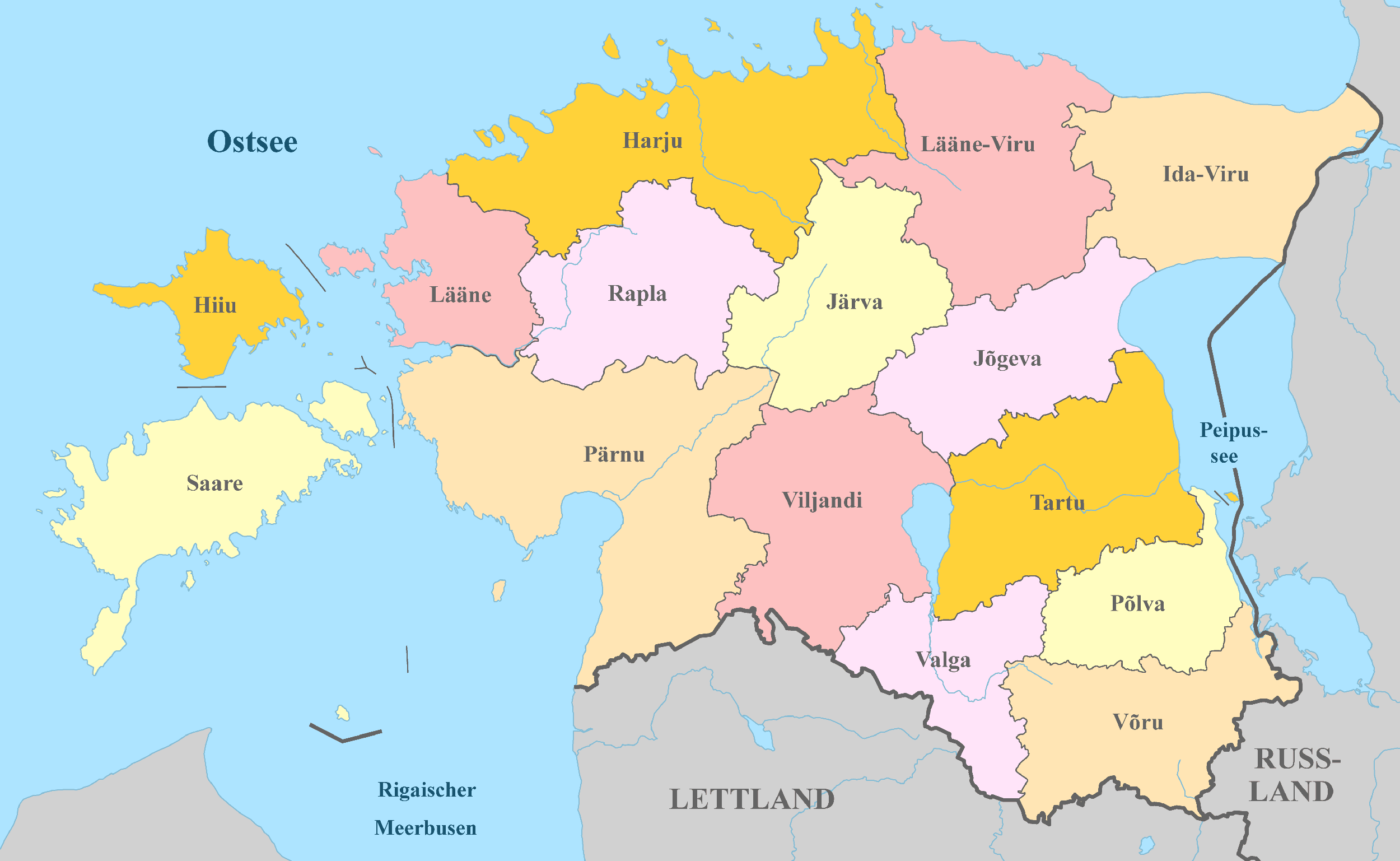 Estland Karte mit Nachbarstaaten und farblich markierten Regionen