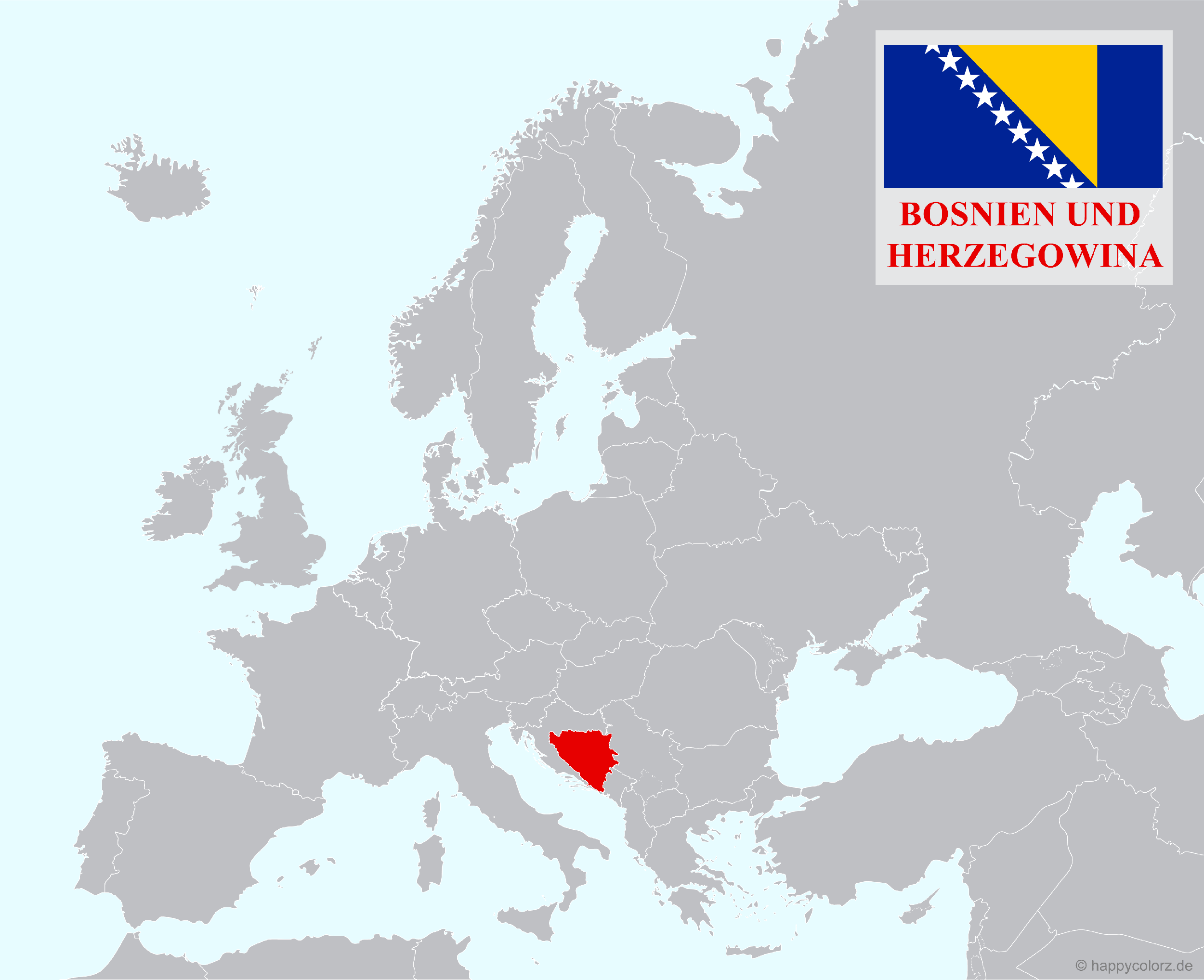 Europakarte mit Bosnien und Herzegowina als hervorgehobenes Land