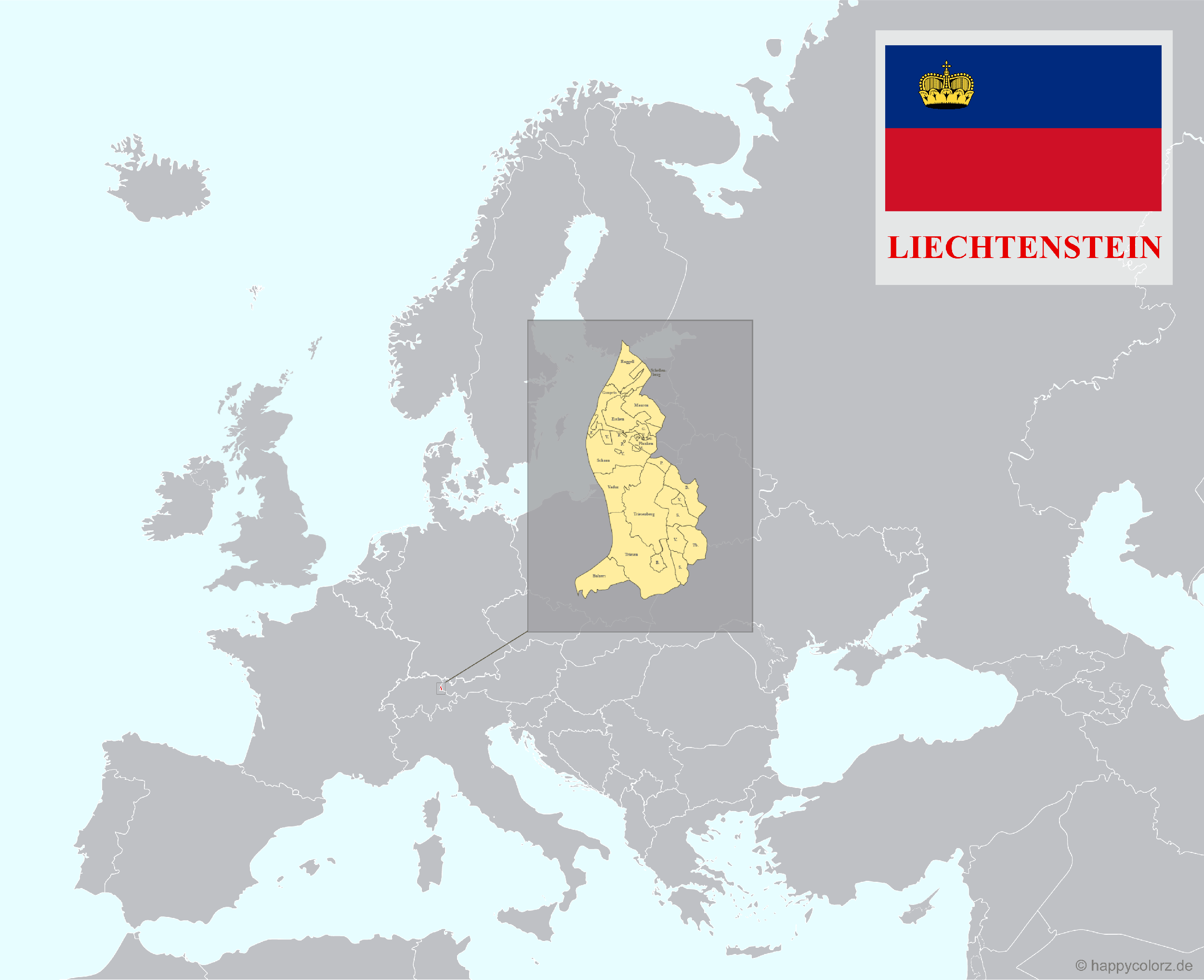 Europakarte mit Liechtenstein als hervorgehobenes Land