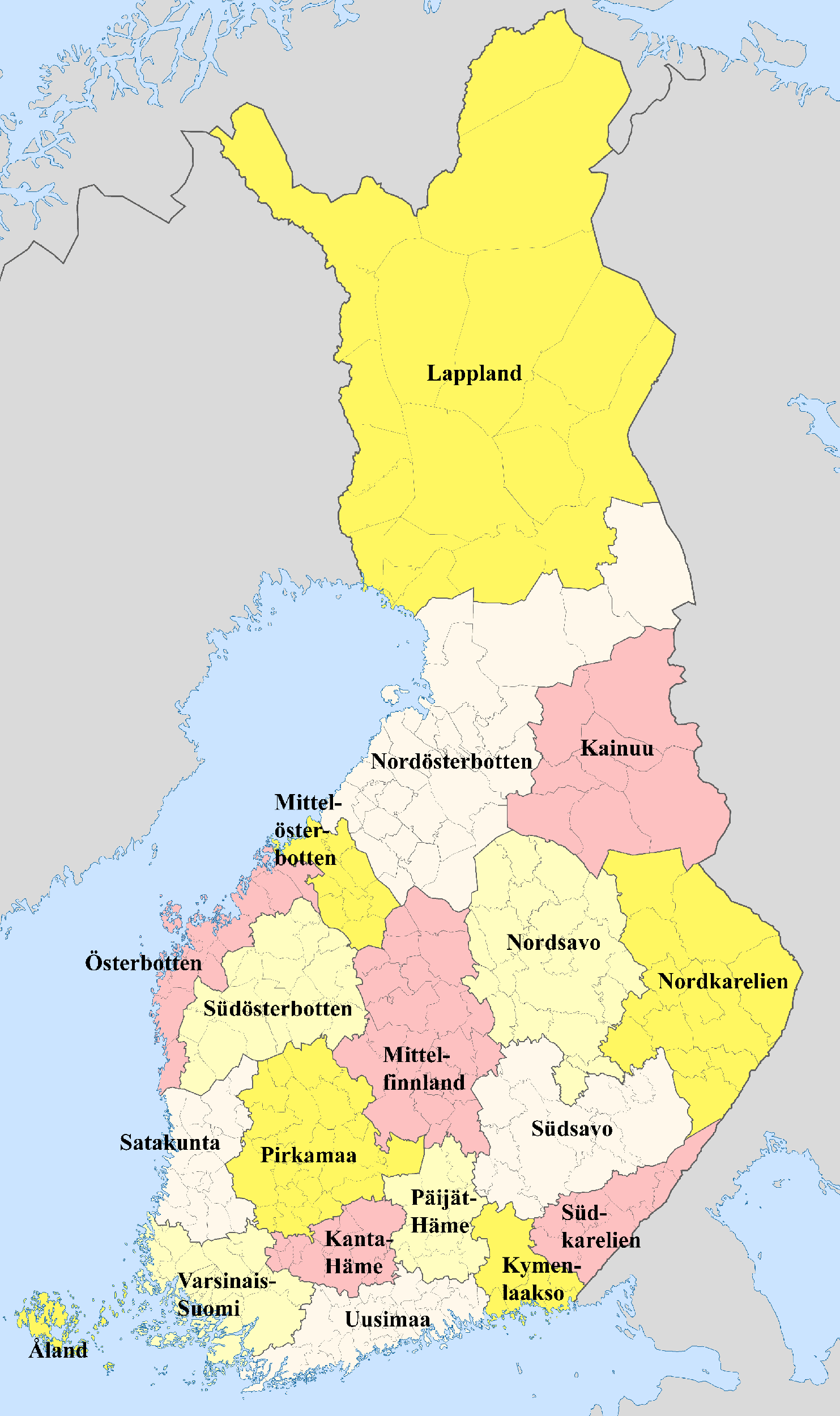 Finnland Karte mit Nachbarstaaten und farblich markierten Regionen