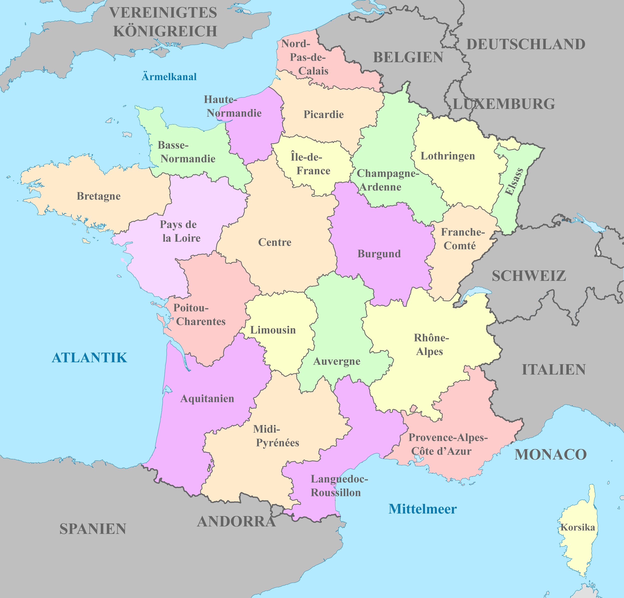 Frankreich Karte mit Nachbarstaaten und farblich markierten Regionen