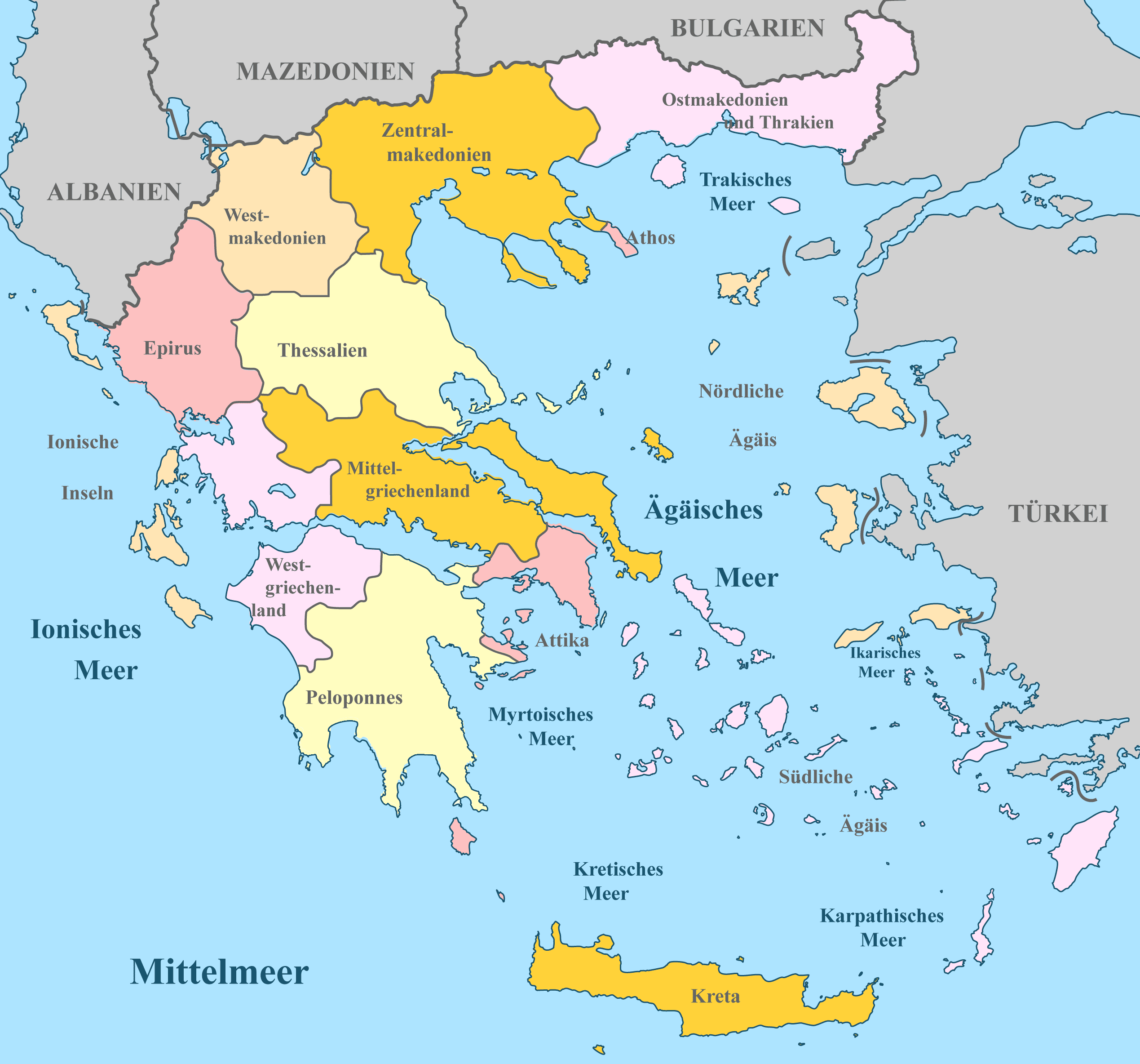 Griechenland Karte mit Nachbarstaaten und farblich markierten Regionen