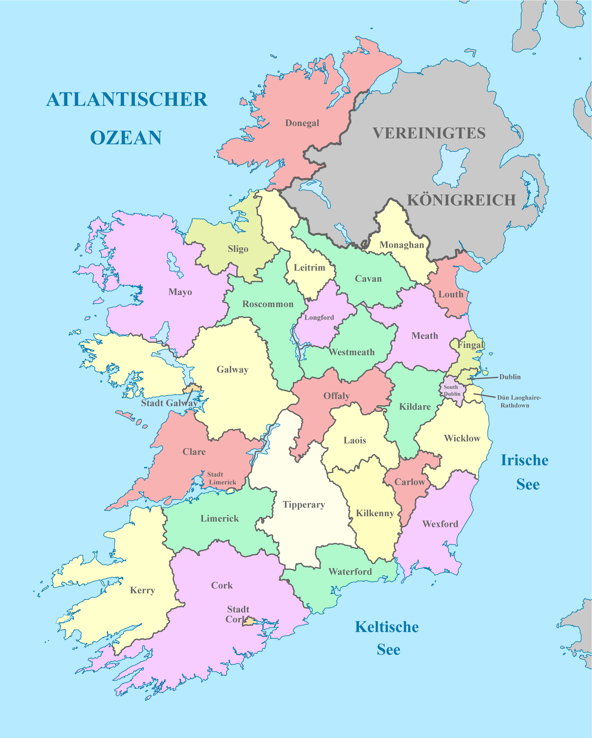 Irland Karte mit Nachbarstaaten und farblich markierten Regionen
