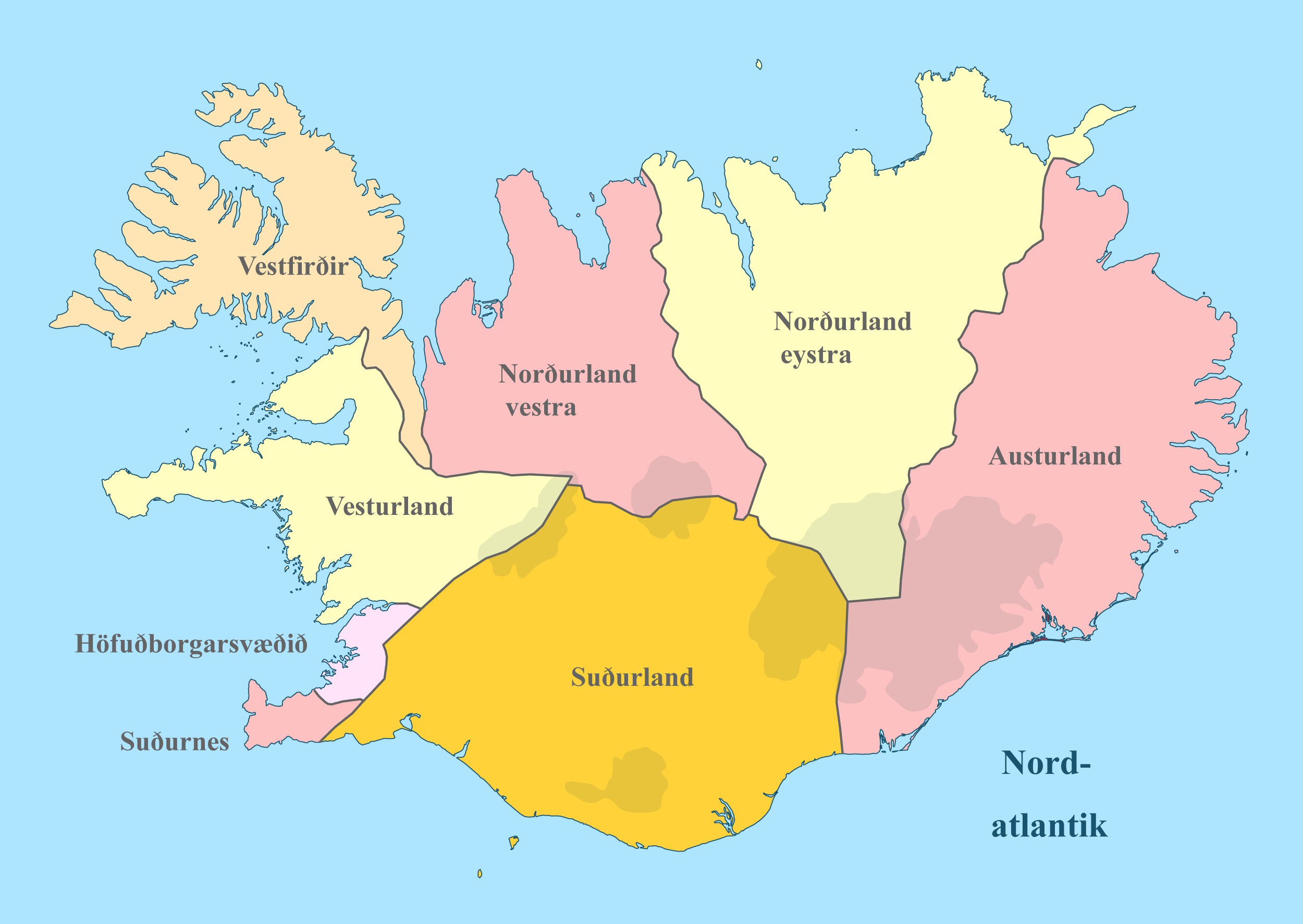 Island Karte mit Nachbarstaaten und farblich markierten Regionen