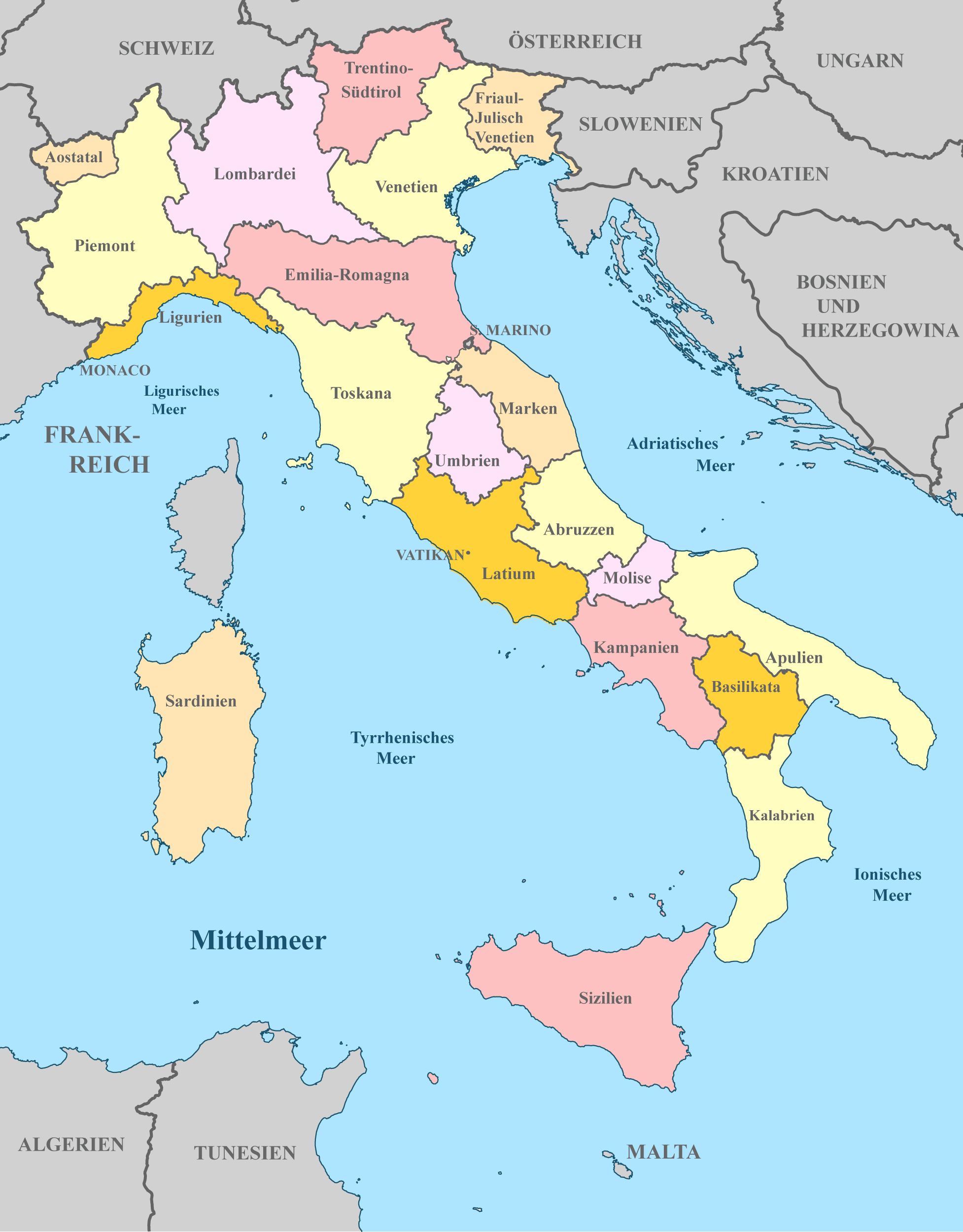 Italien-Karte mit Nachbarstaaten und farblich markierten Regionen