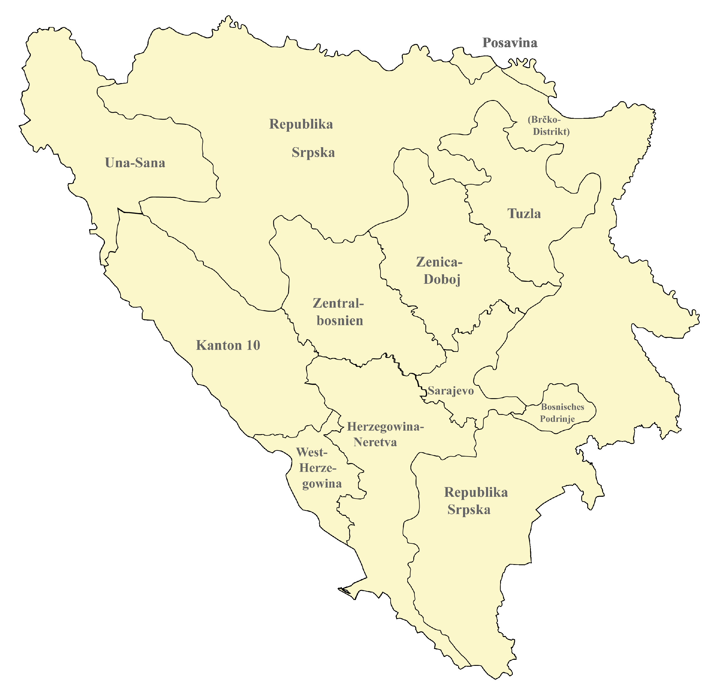 Bosnien Herzegowina Karte nach Regionen gegliedert