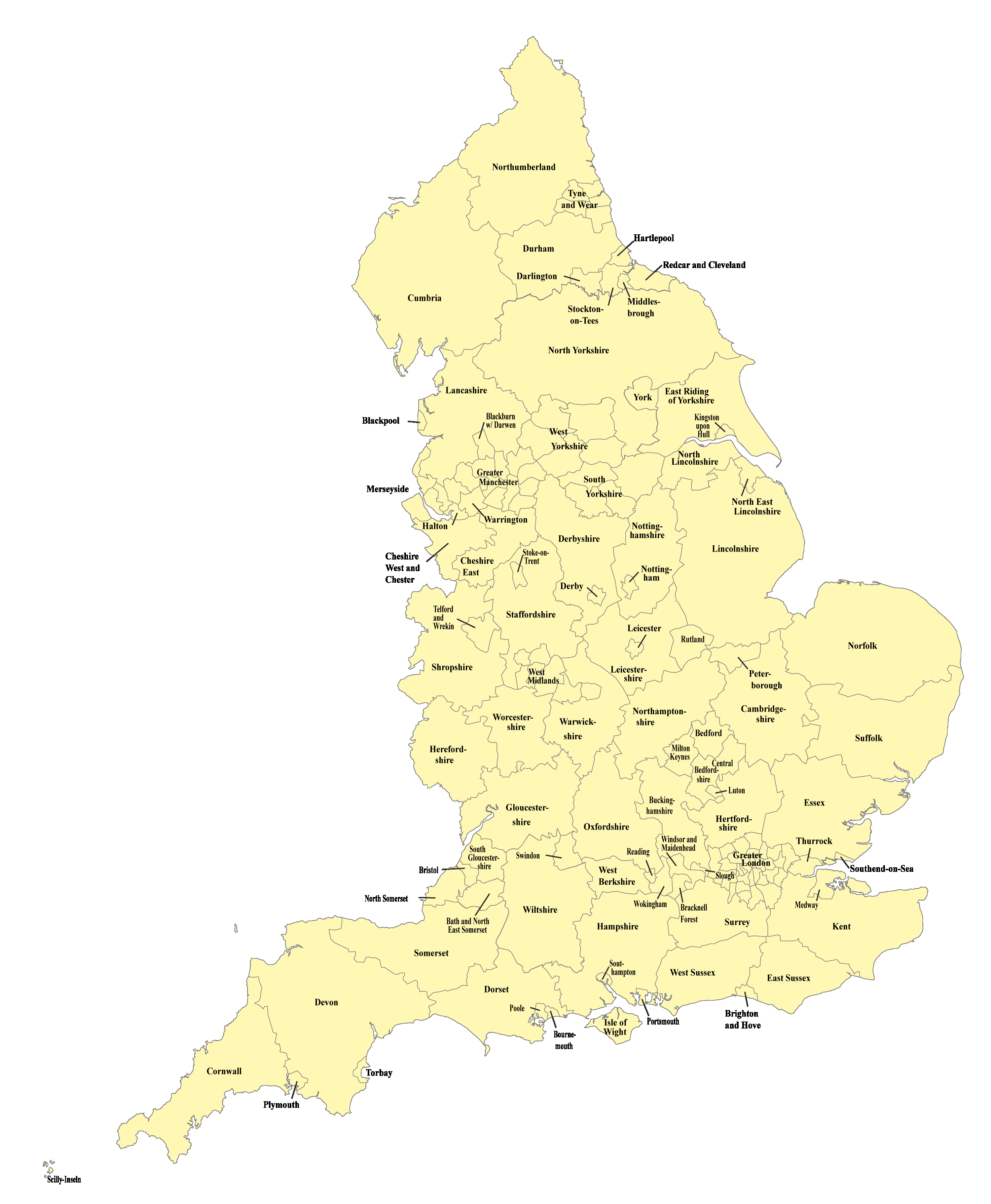 England Karte nach Regionen gegliedert