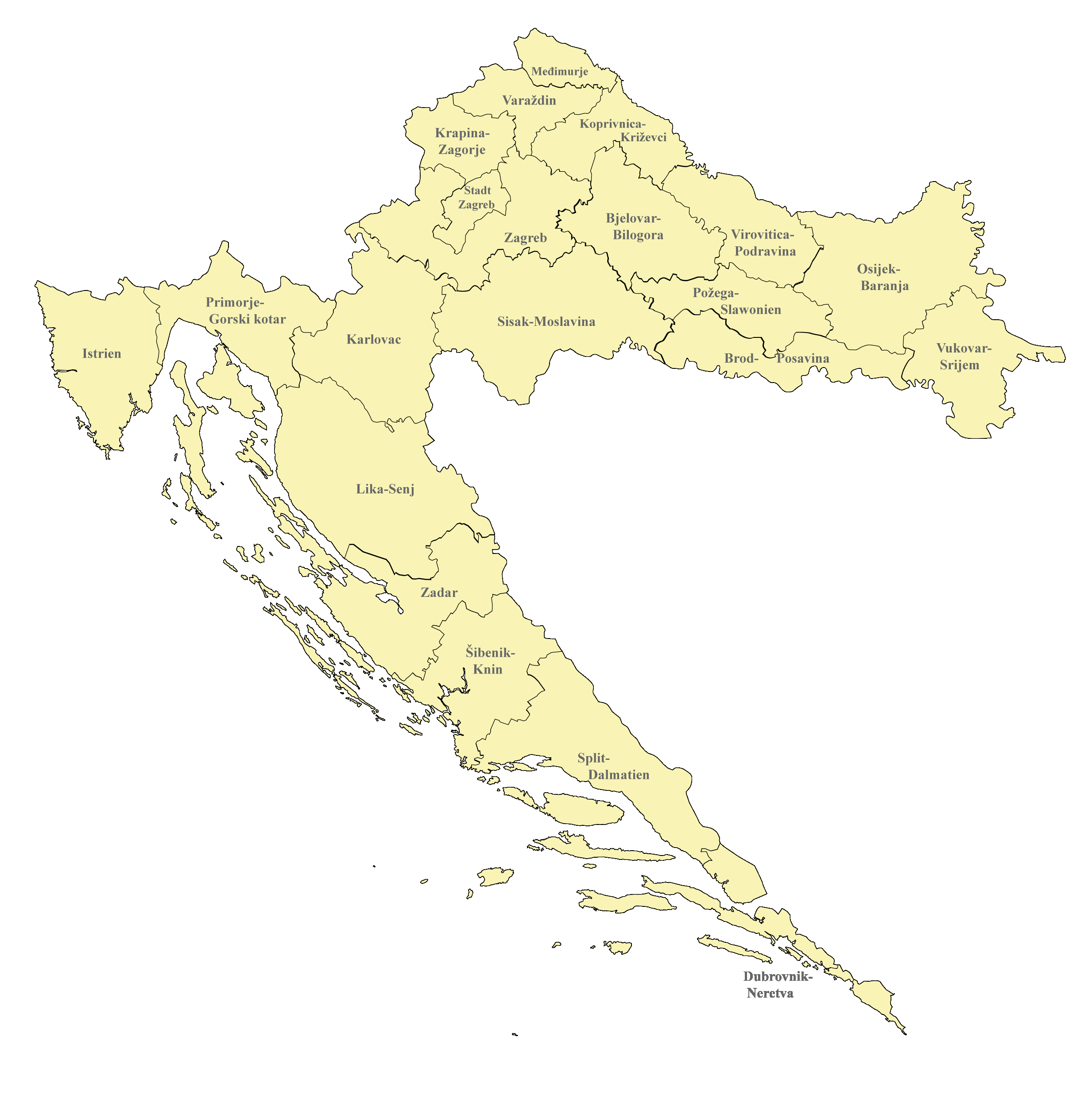 Kroatien Karte nach Regionen gegliedert