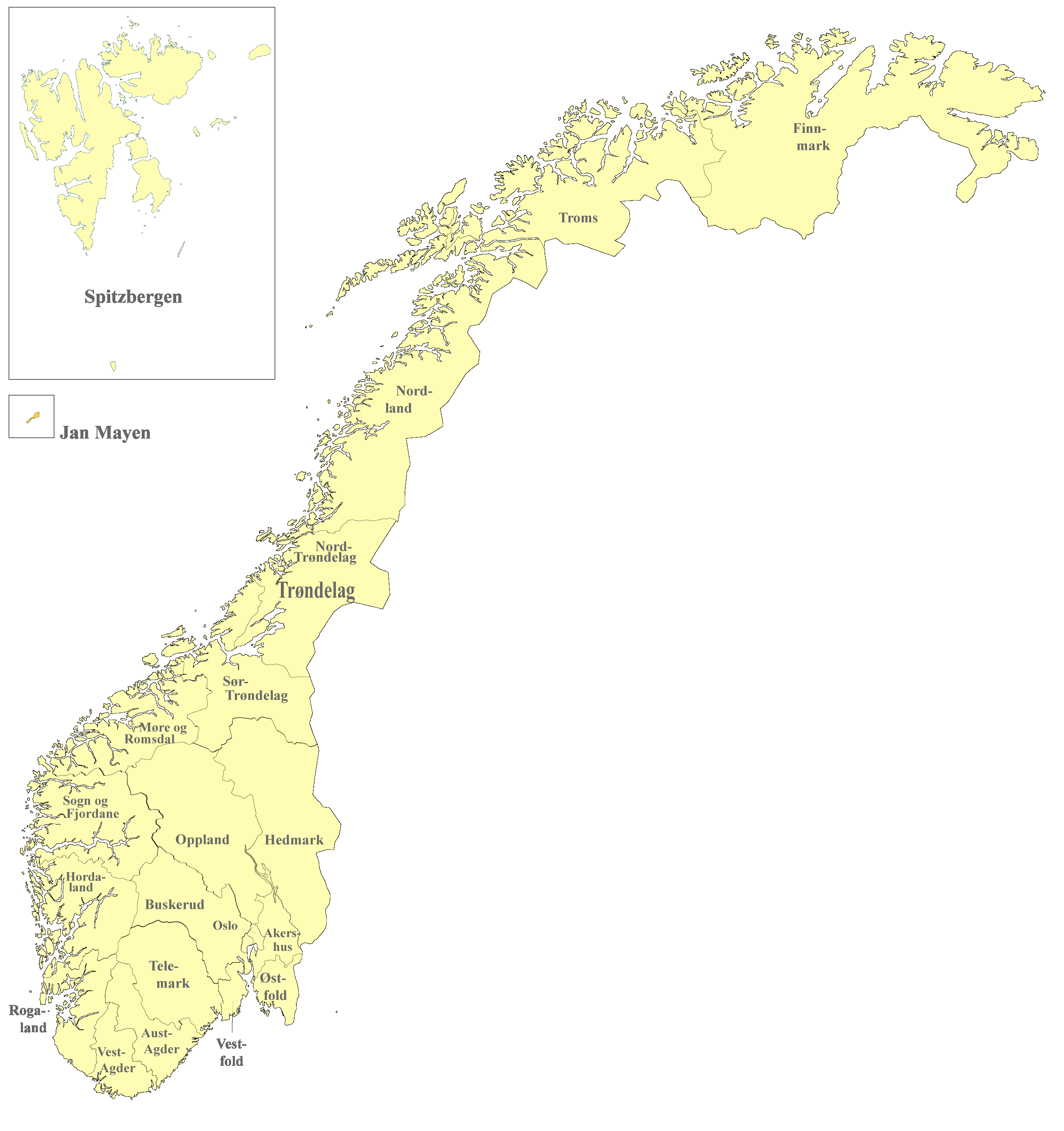 Norwegen Karte nach Regionen gegliedert
