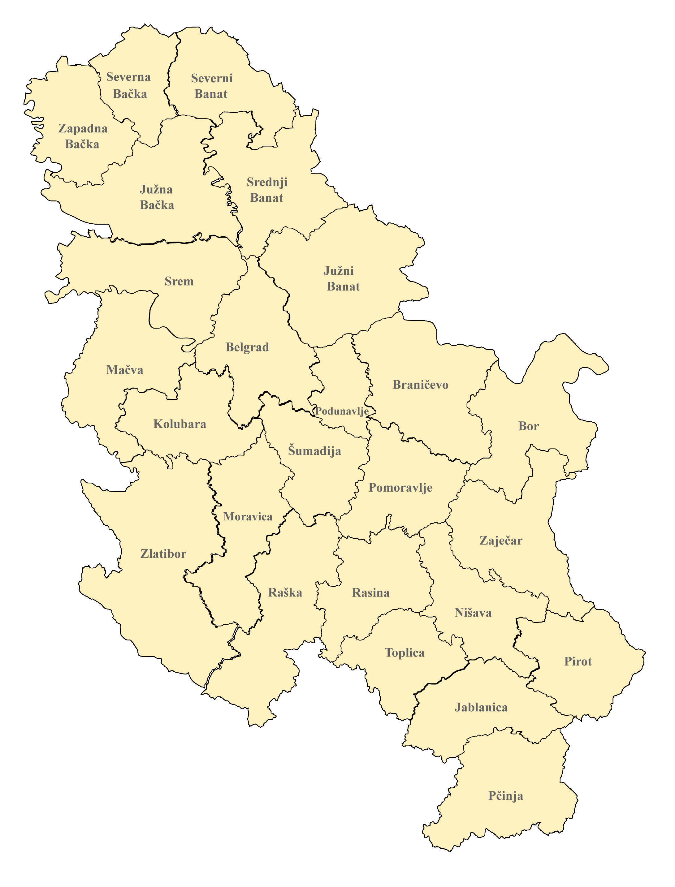Serbien Karte nach Regionen gegliedert