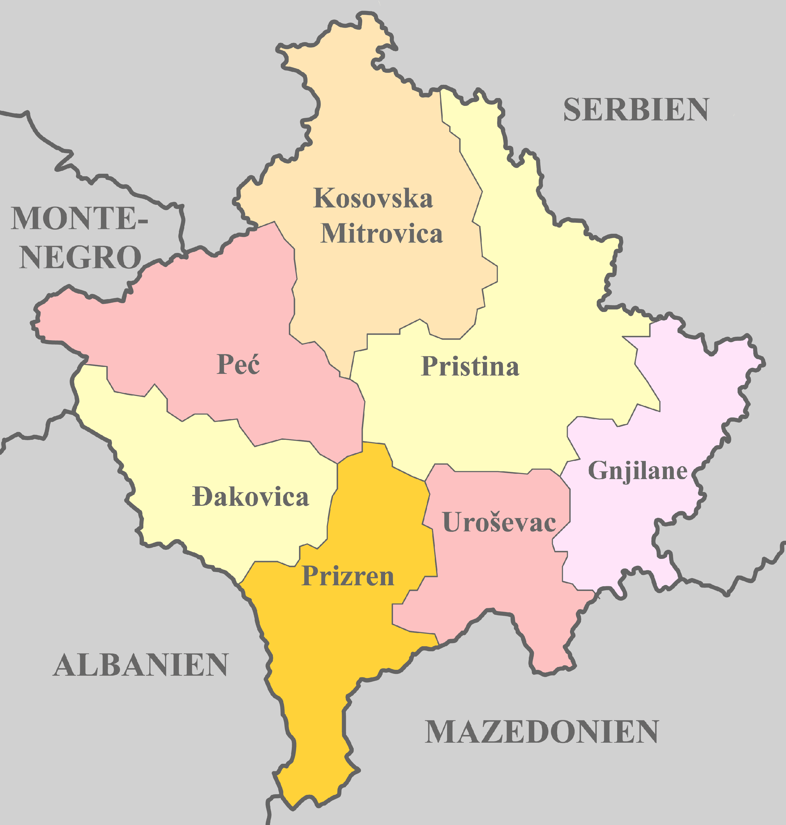 Kosovo Karte mit Nachbarstaaten und farblich markierten Regionen