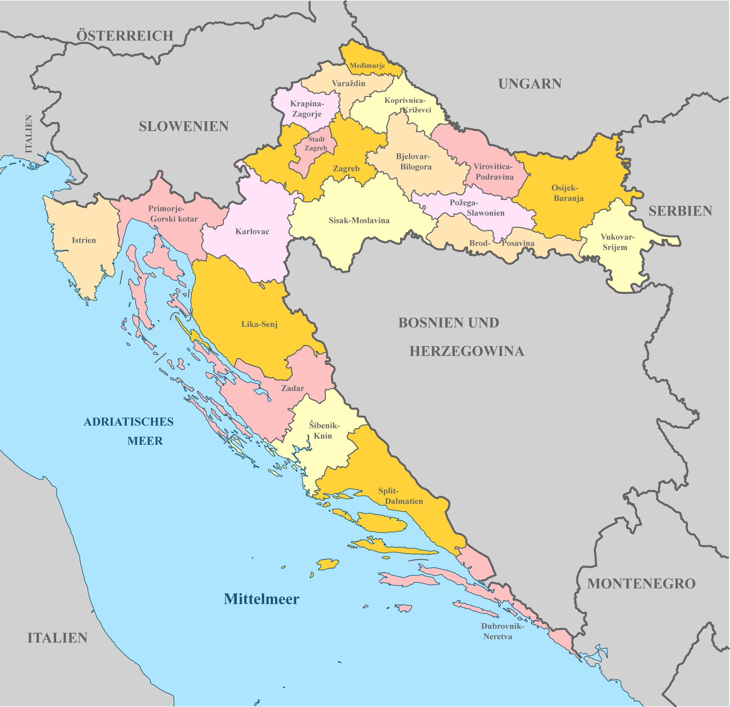 Kroatien Karte mit Nachbarstaaten und farblich markierten Regionen