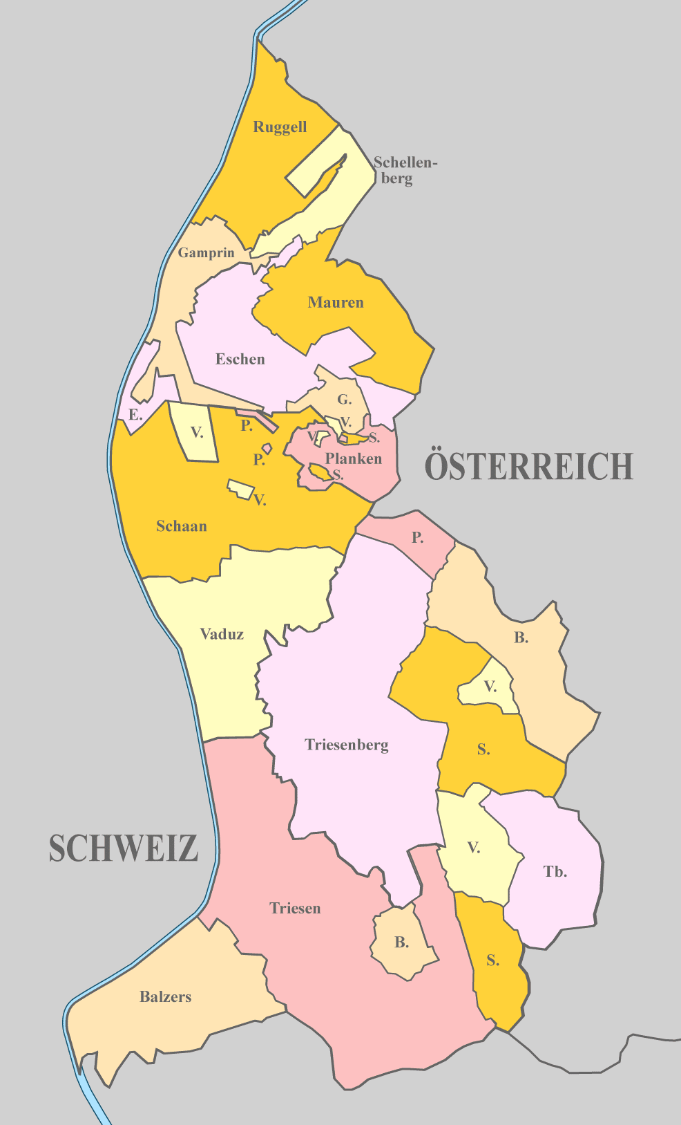 Liechtenstein Karte mit Nachbarstaaten und farblich markierten Regionen