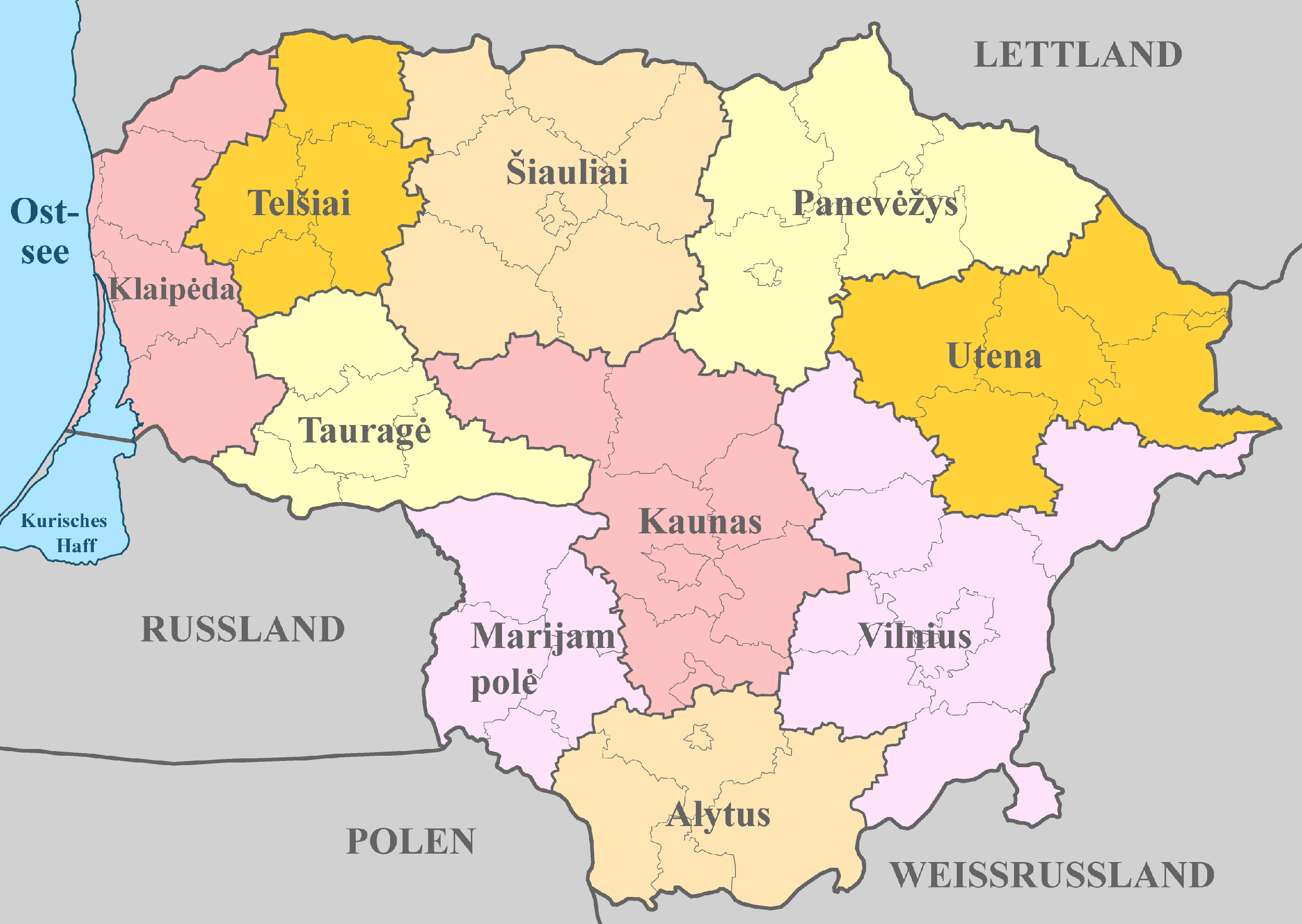 Litauen Karte mit Nachbarstaaten und farblich markierten Regionen