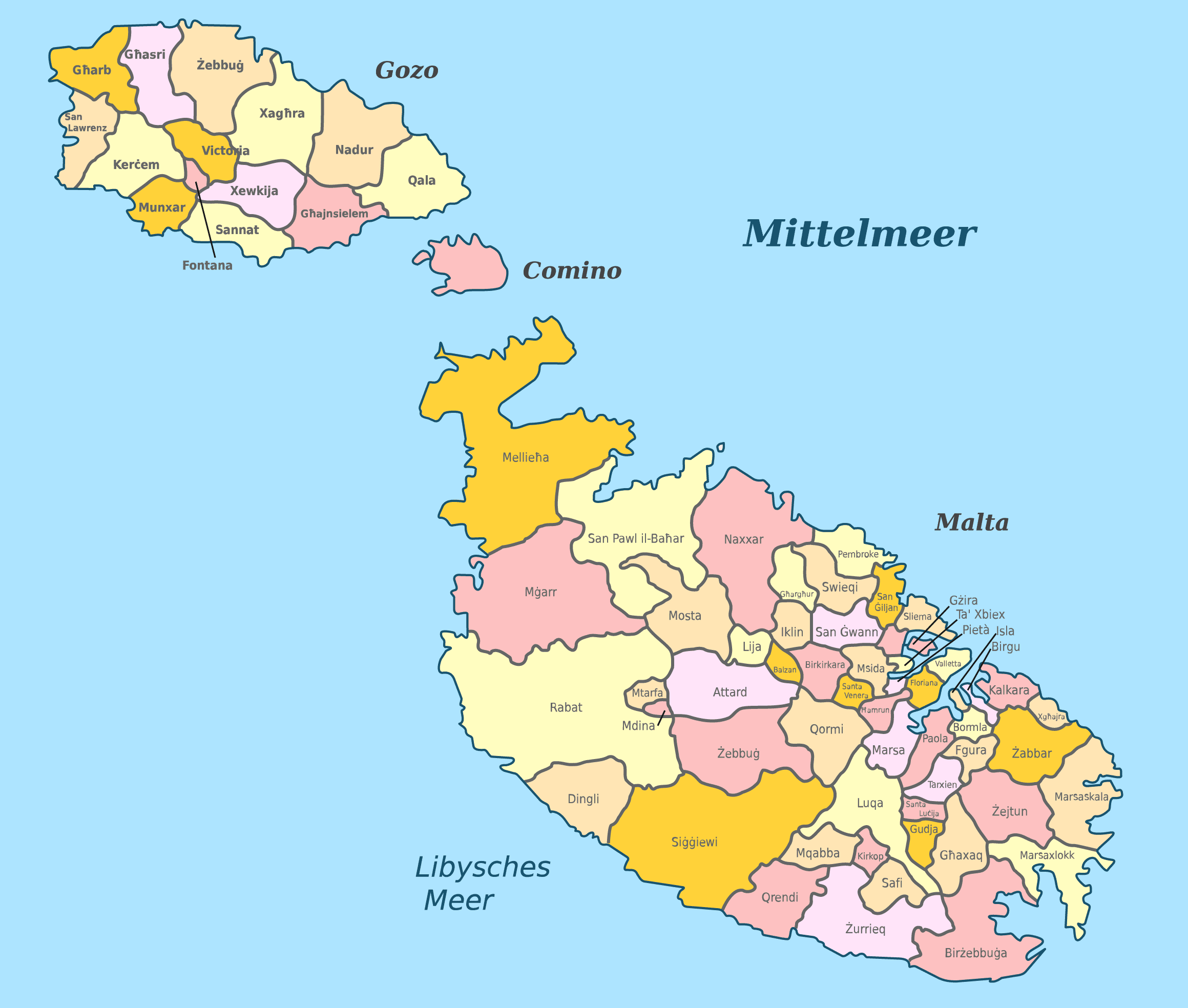 Malta Karte mit Nachbarstaaten und farblich markierten Regionen