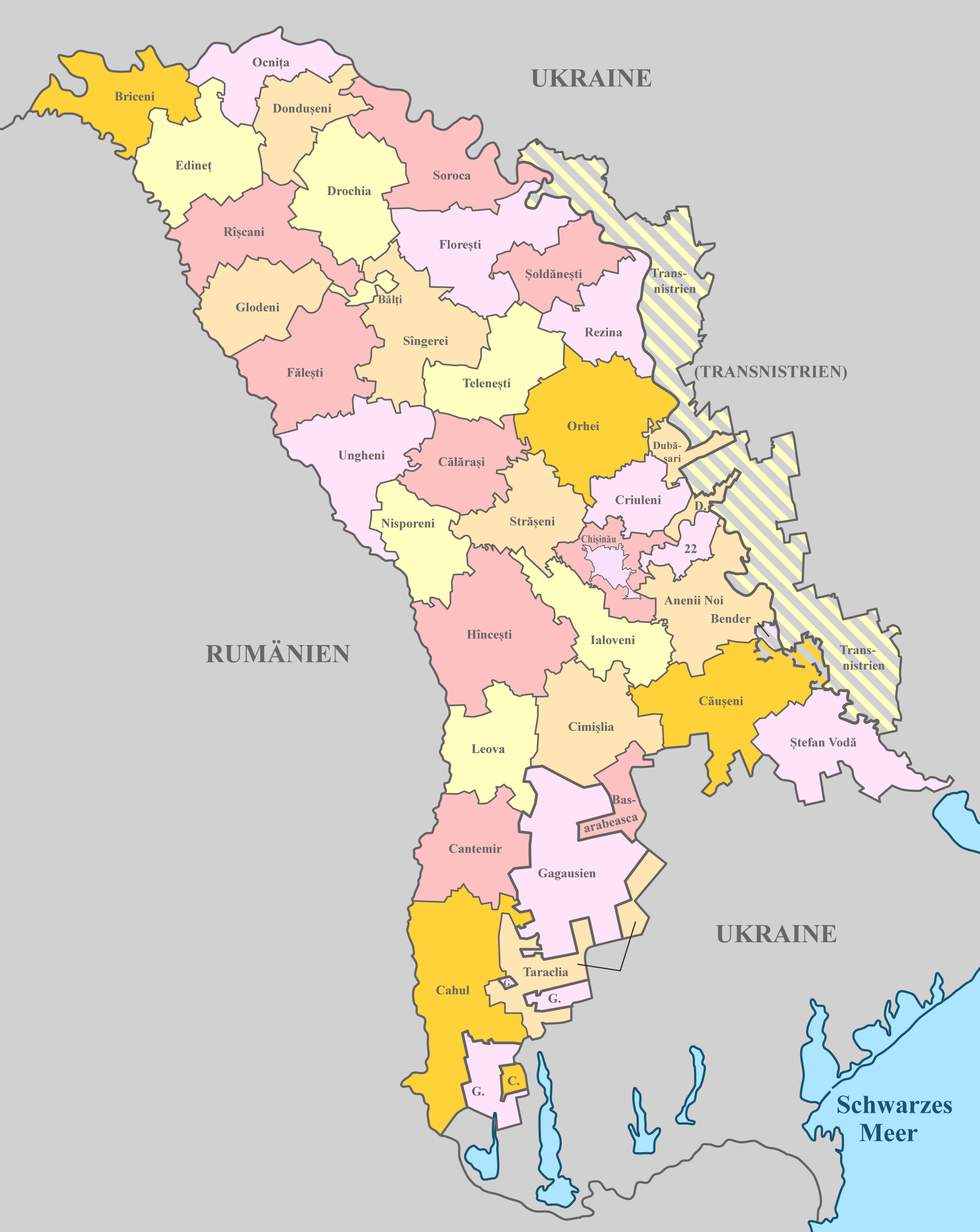 Moldau Karte mit Nachbarstaaten und farblich markierten Regionen