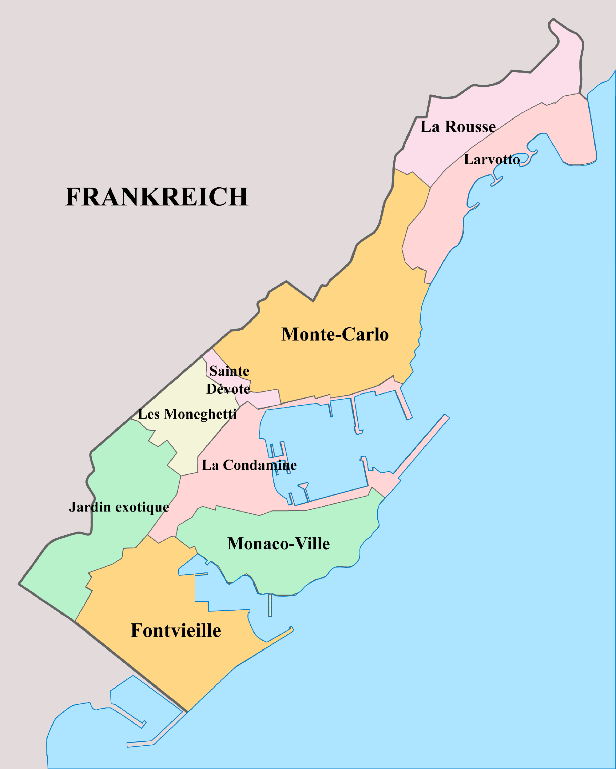 Monaco Karte mit Nachbarstaaten und farblich markierten Regionen