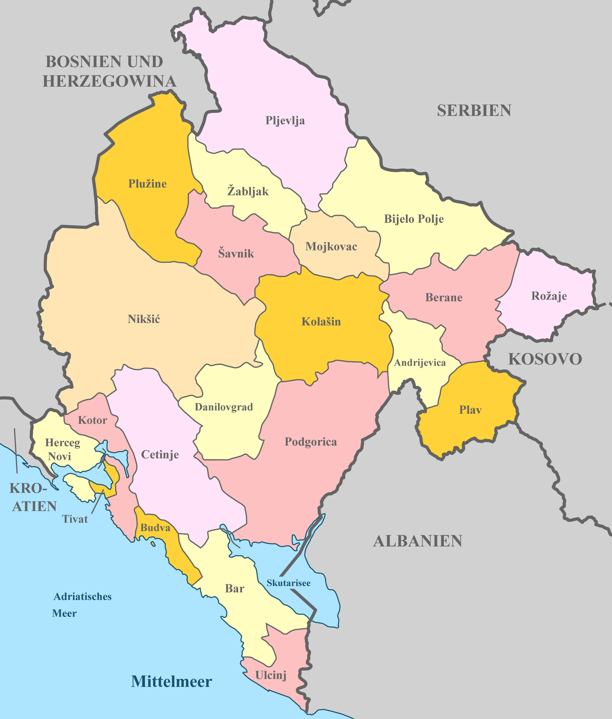 Montenegro Karte mit Nachbarstaaten und farblich markierten Regionen