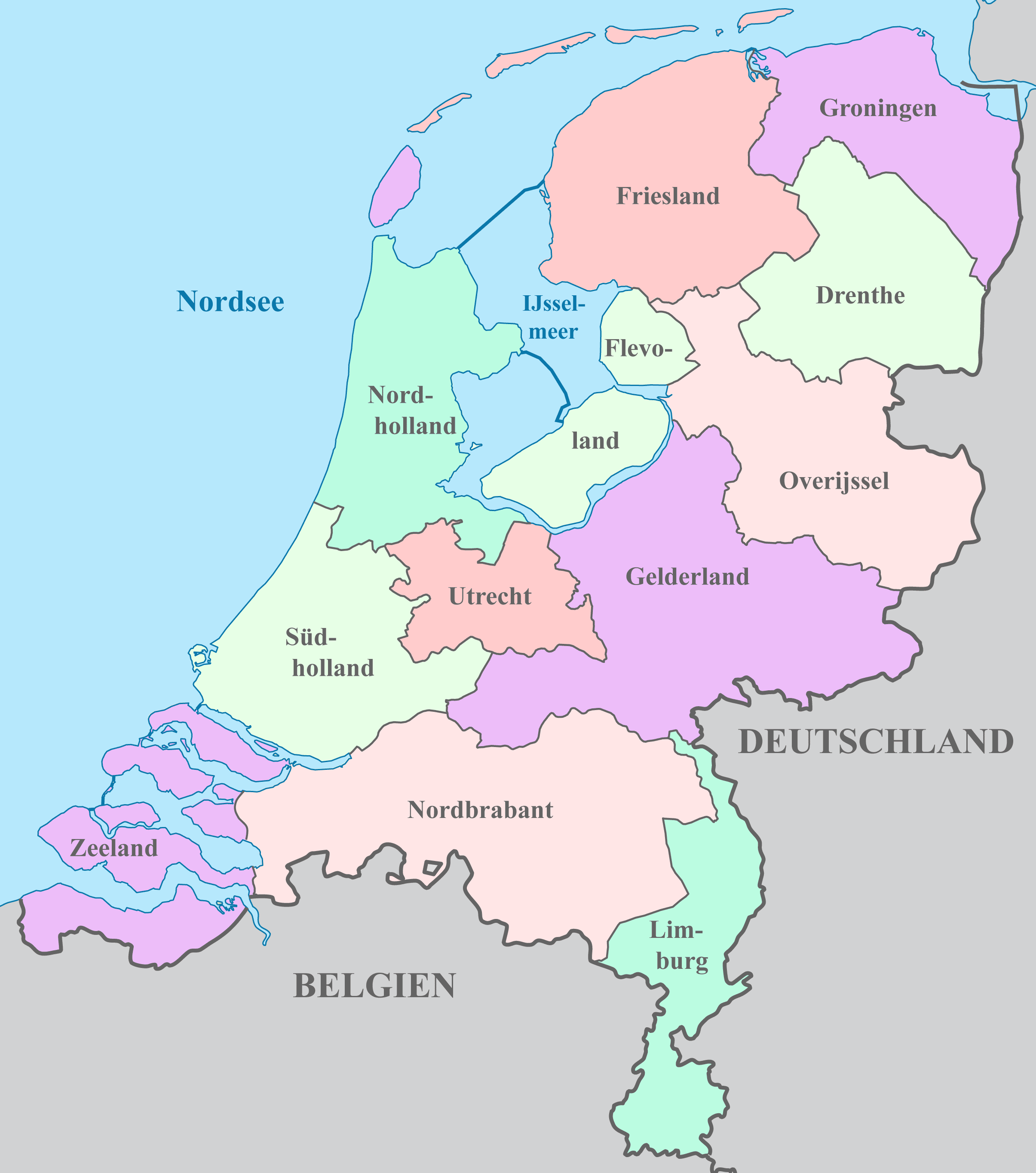Niederlande Karte mit Nachbarstaaten und farblich markierten Regionen