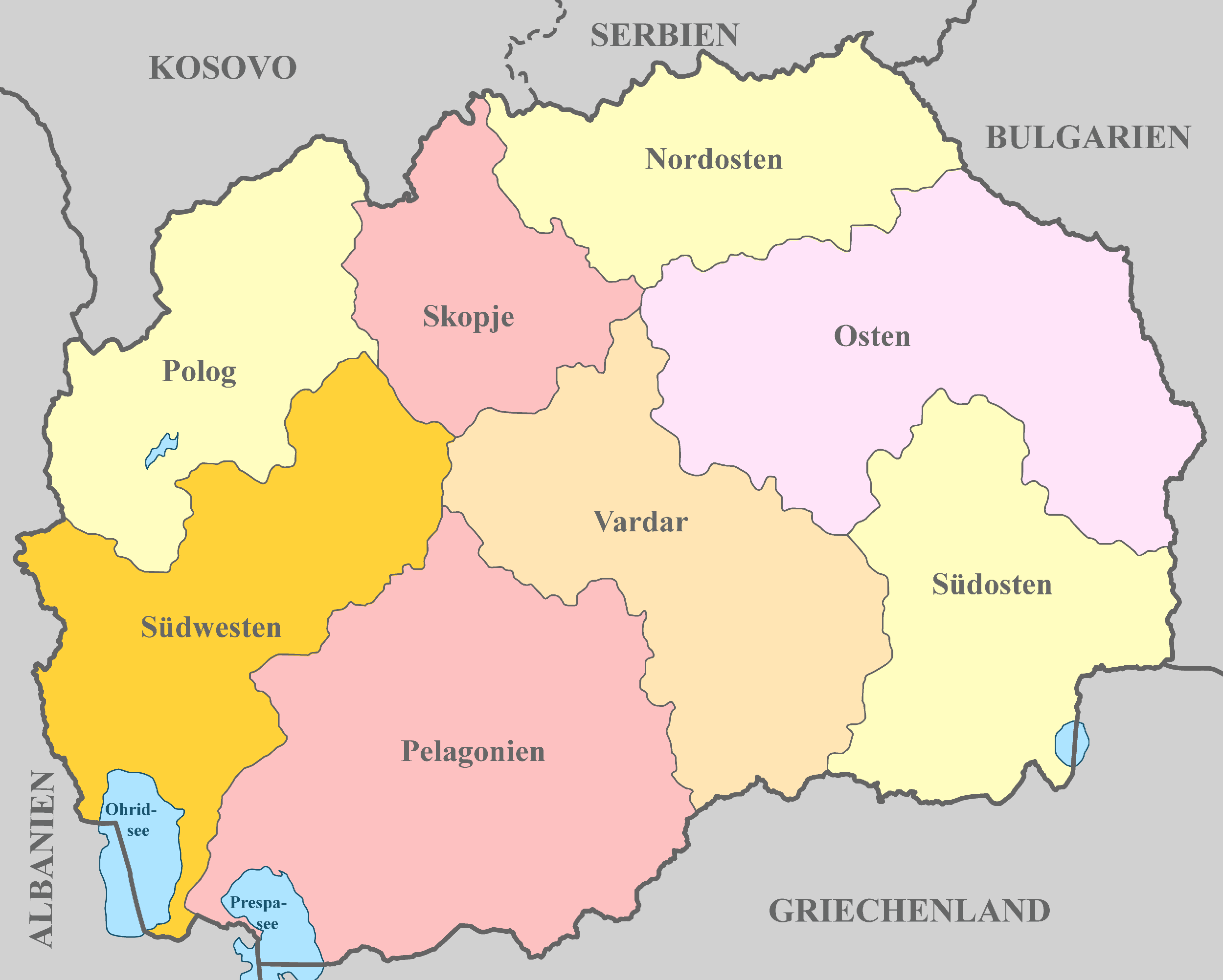 Nordmazedonien Karte mit Nachbarstaaten und farblich markierten Regionen