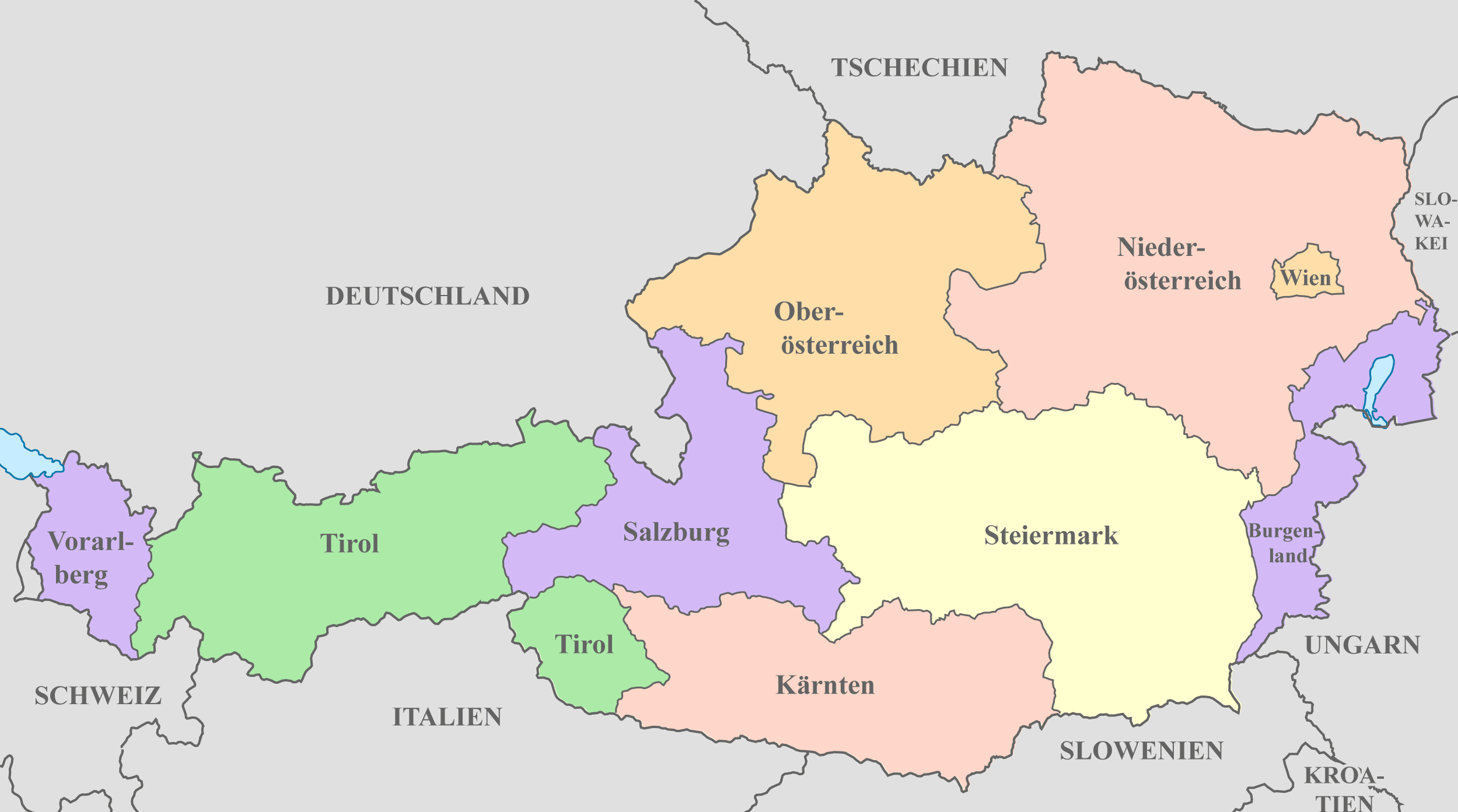 Österreich Karte mit Nachbarstaaten und farblich markierten Regionen