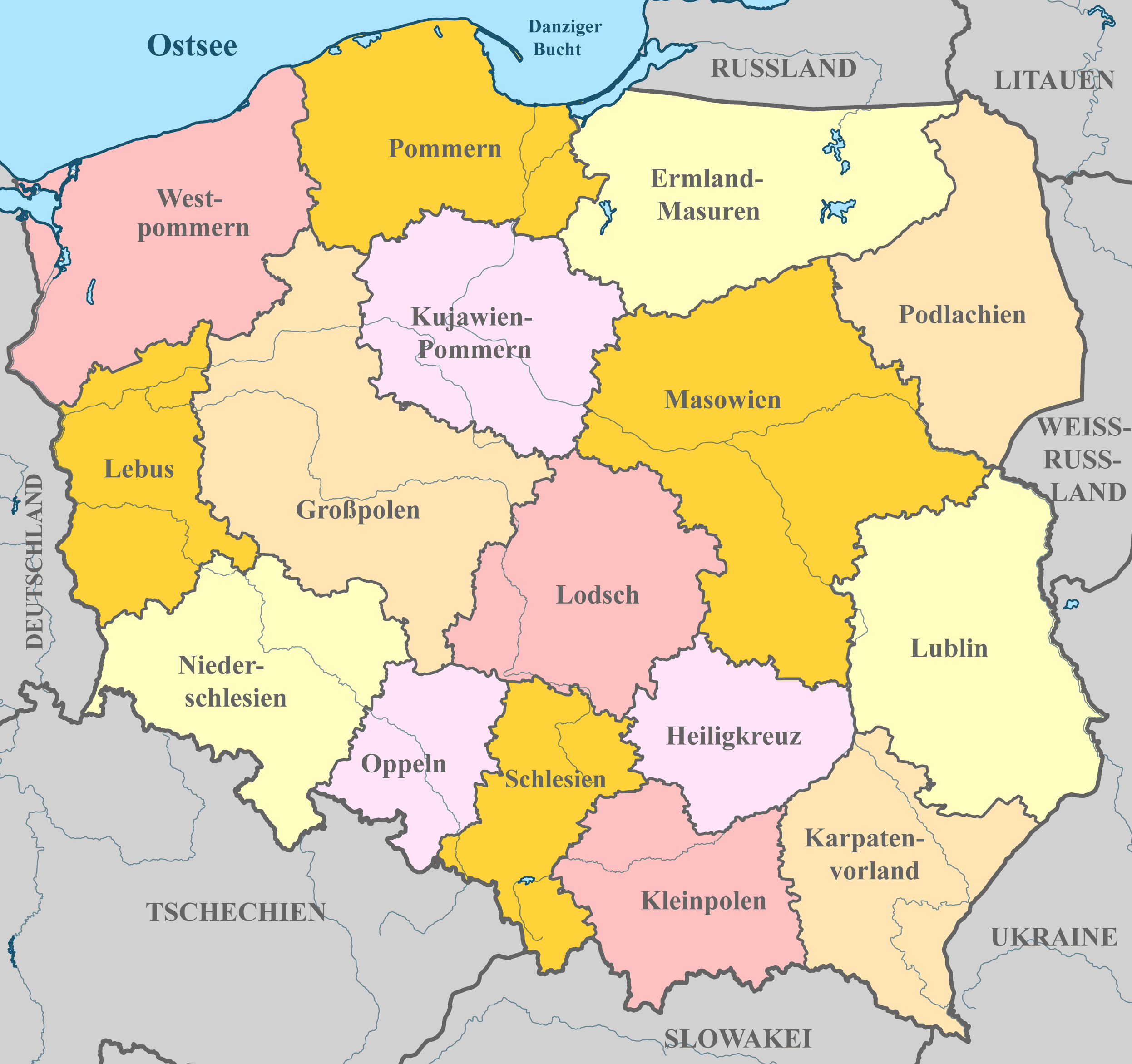 Polen Karte mit Nachbarstaaten und farblich markierten Regionen