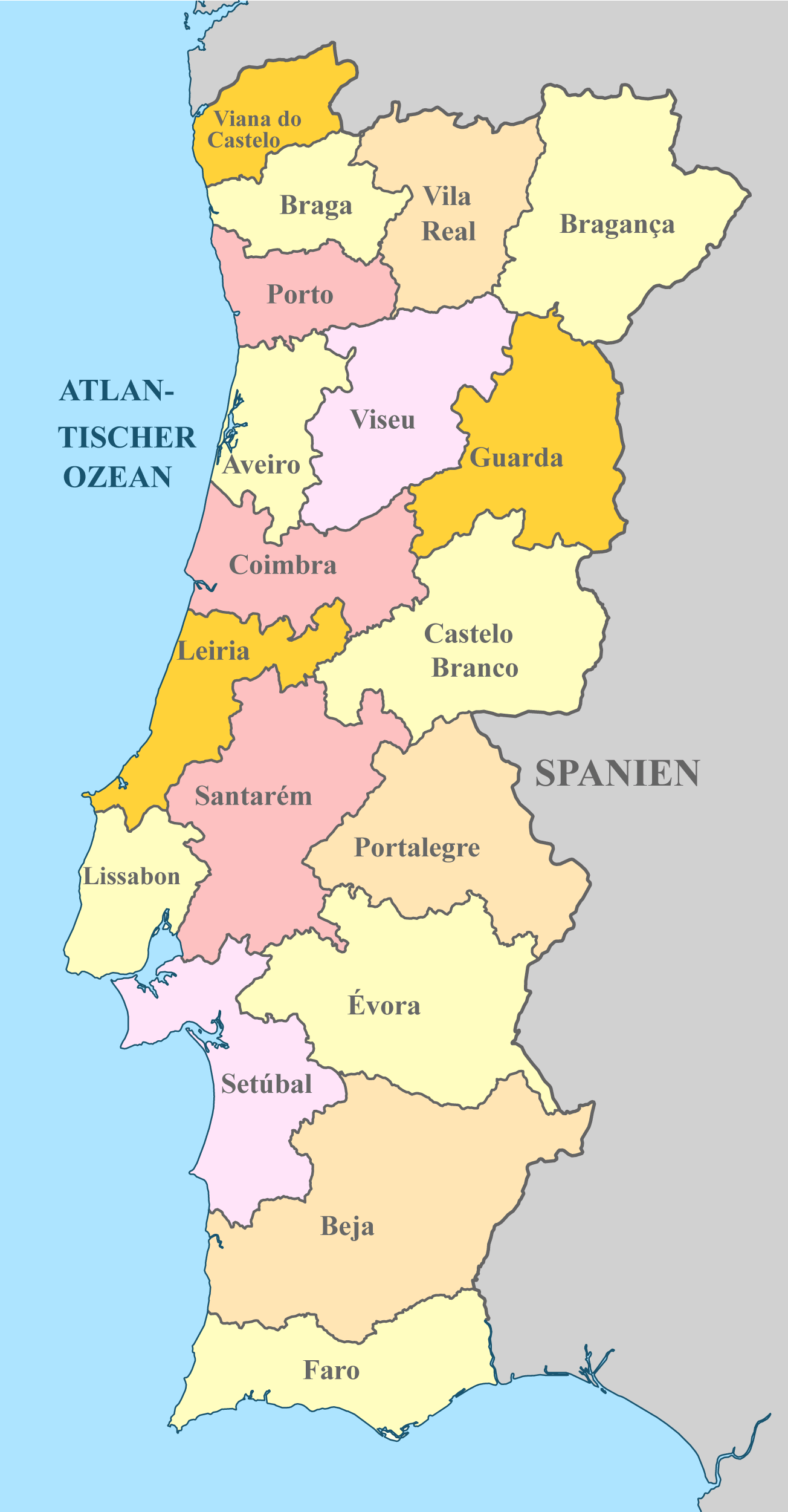 Portugal Karte mit Nachbarstaaten und farblich markierten Regionen