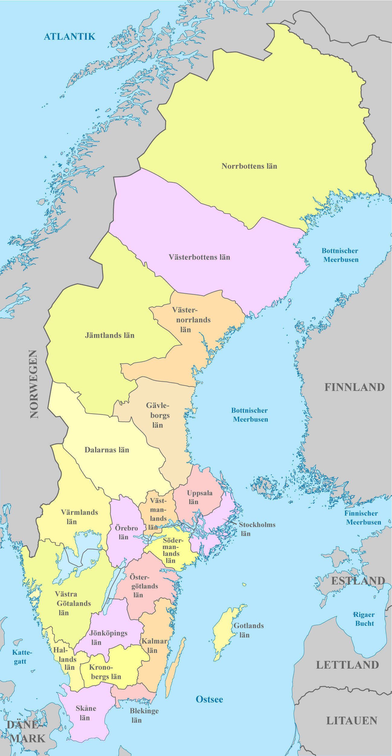 Schweden Karte mit Nachbarstaaten und farblich markierten Regionen
