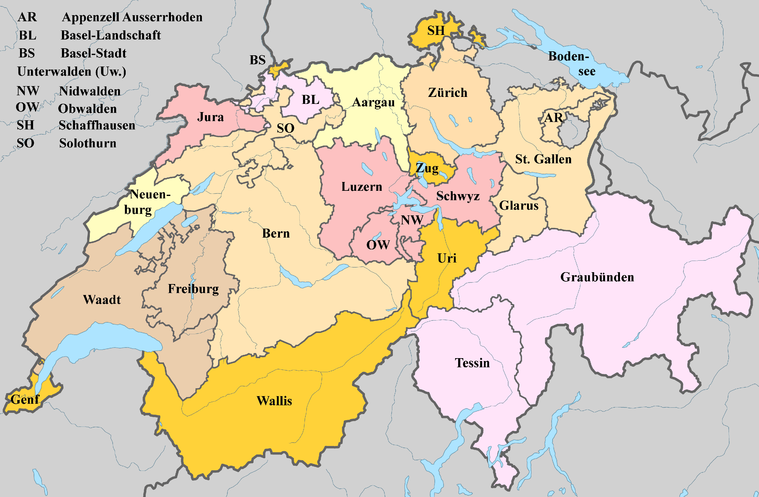 Schweiz Karte mit Nachbarstaaten und farblich markierten Regionen