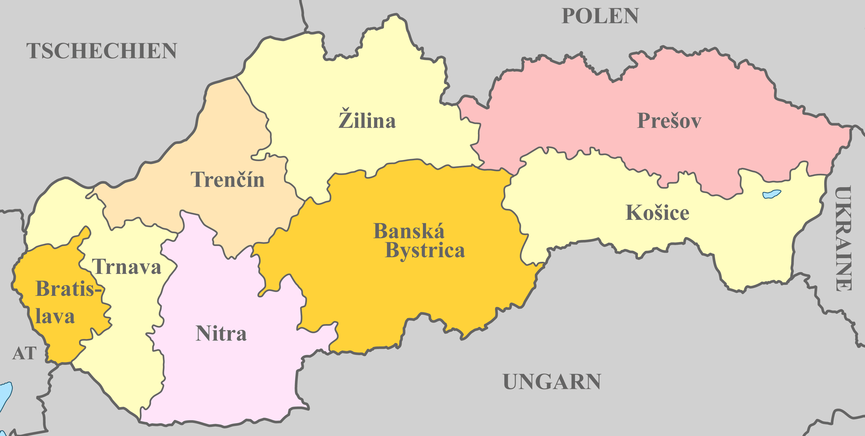 Slowakei Karte mit Nachbarstaaten und farblich markierten Regionen