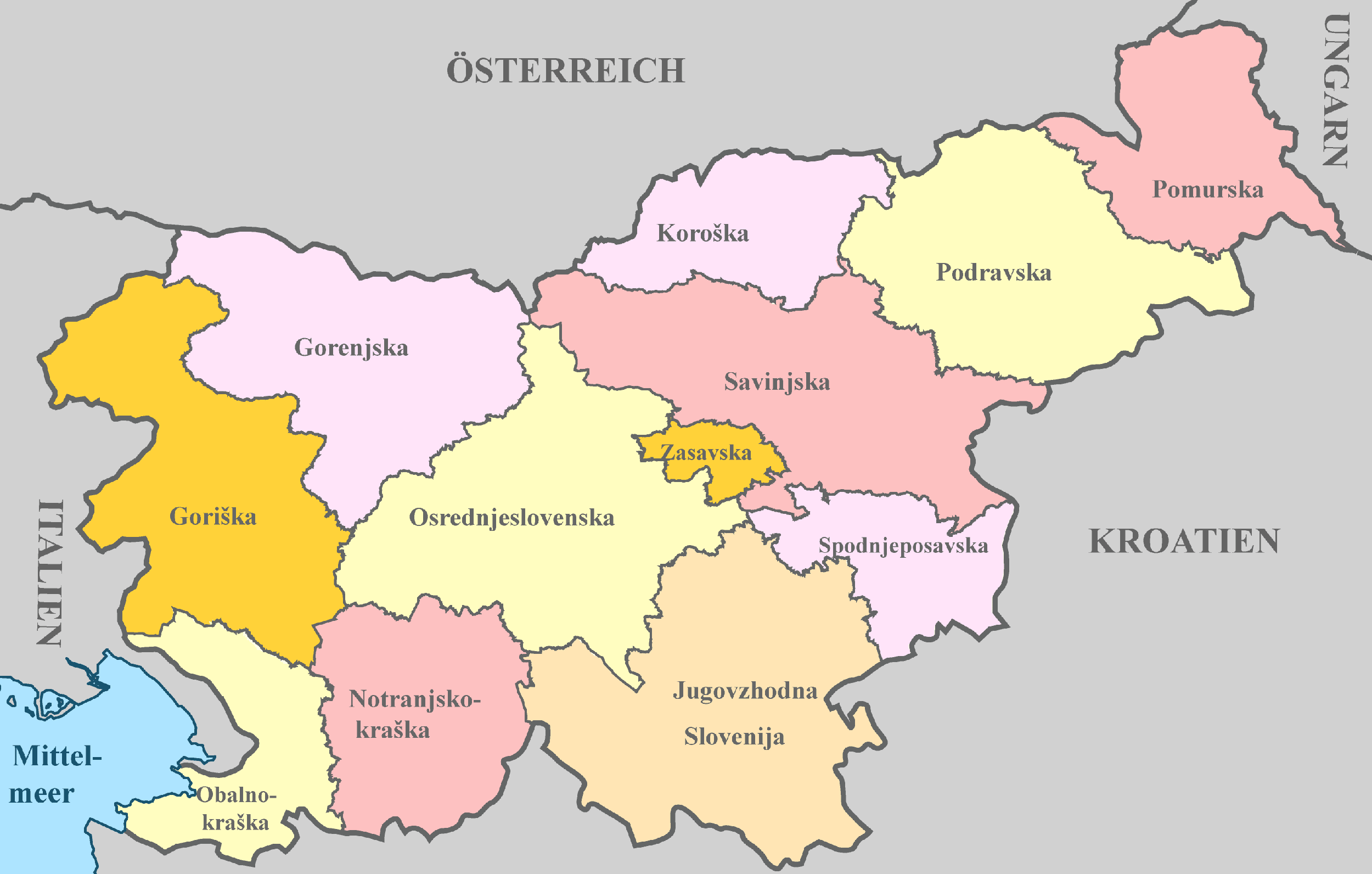 Slowenien Karte mit Nachbarstaaten und farblich markierten Regionen