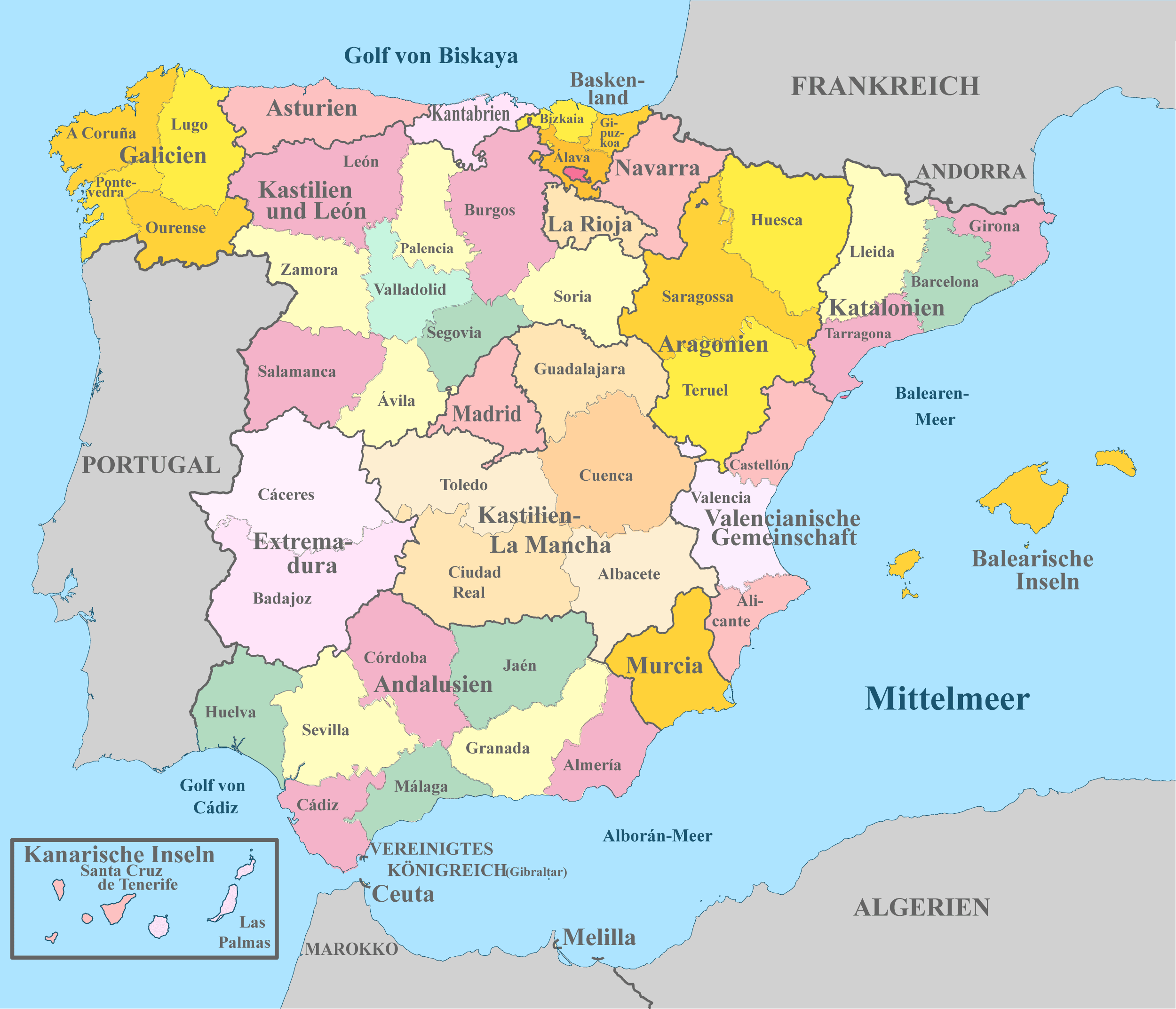 Spanien Karte mit Nachbarstaaten und farblich markierten Regionen