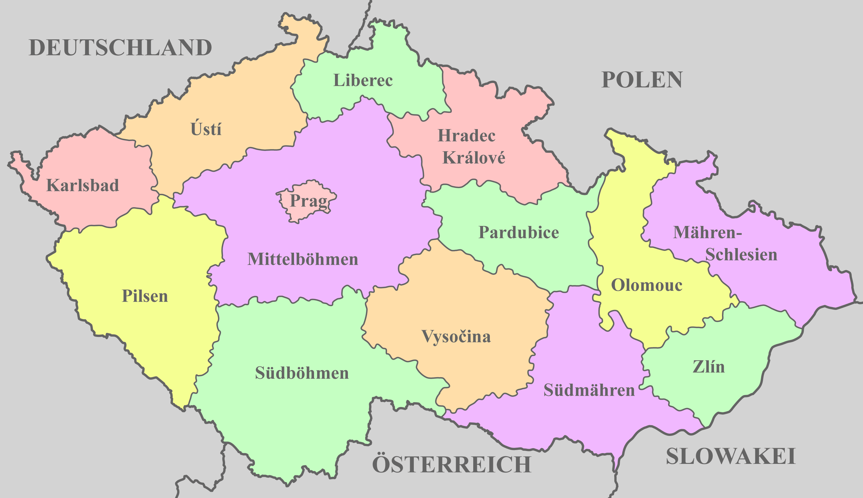Tschechien Karte mit Nachbarstaaten und farblich markierten Regionen