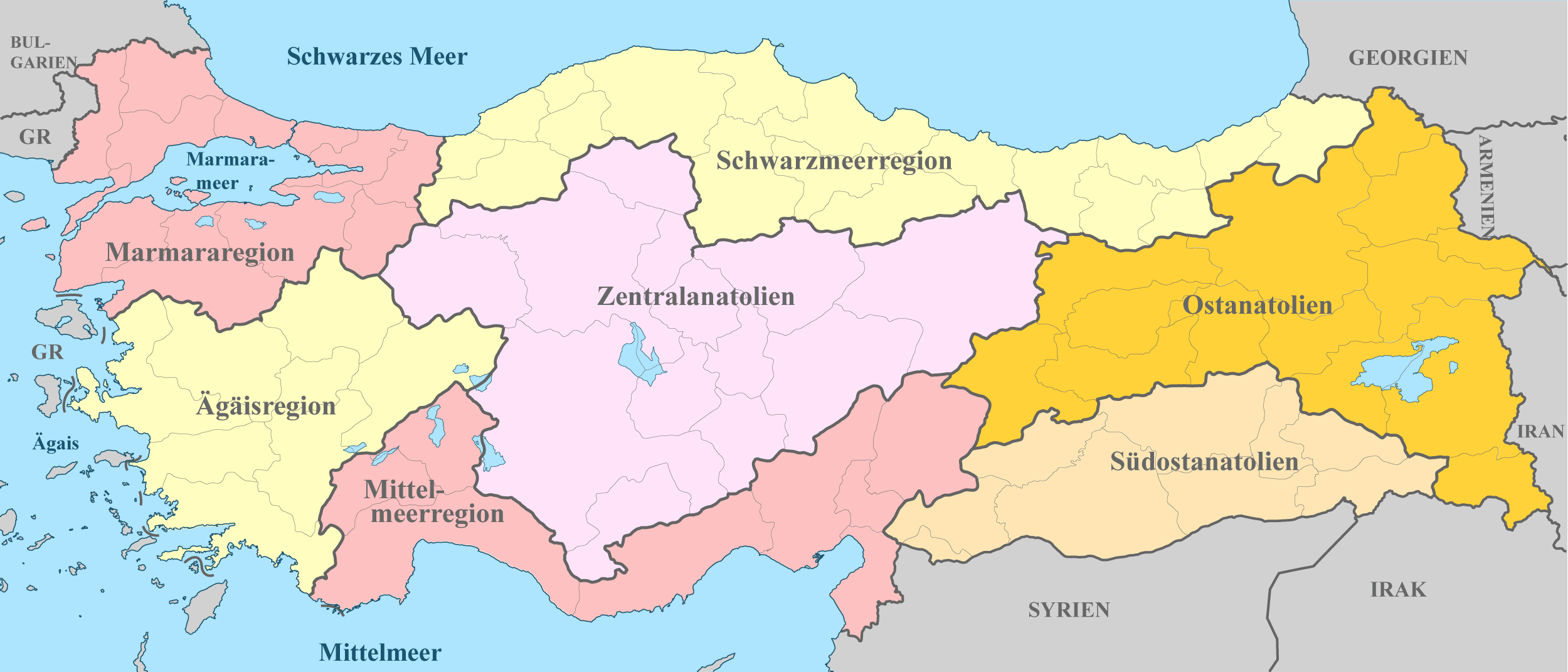 Türkei Karte mit Nachbarstaaten und farblich markierten Regionen