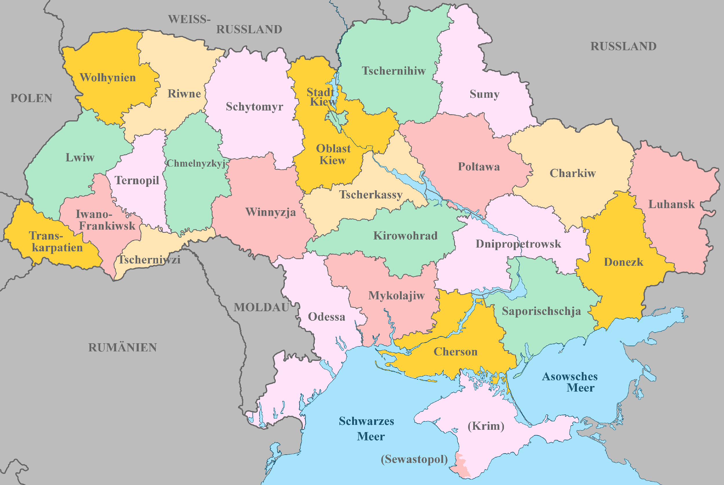 Ukraine Karte mit Nachbarstaaten und farblich markierten Regionen