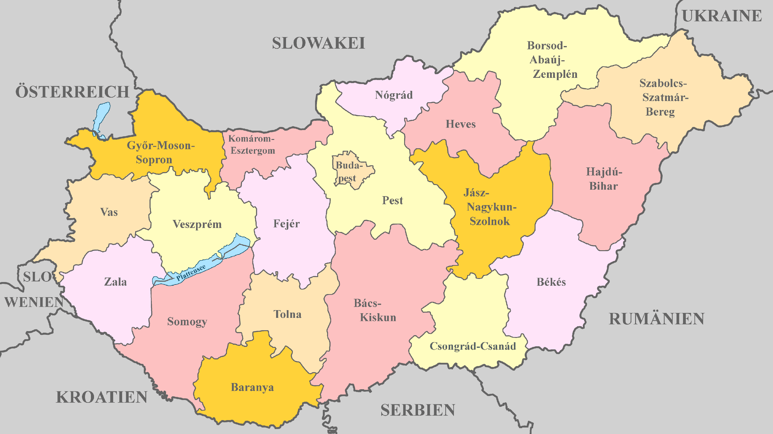 Ungarn Karte mit Nachbarstaaten und farblich markierten Regionen