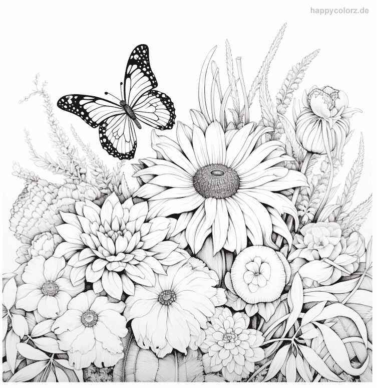 Anti Stress Ausmalbild Erwachsene Blumenwiese mit Schmetterling