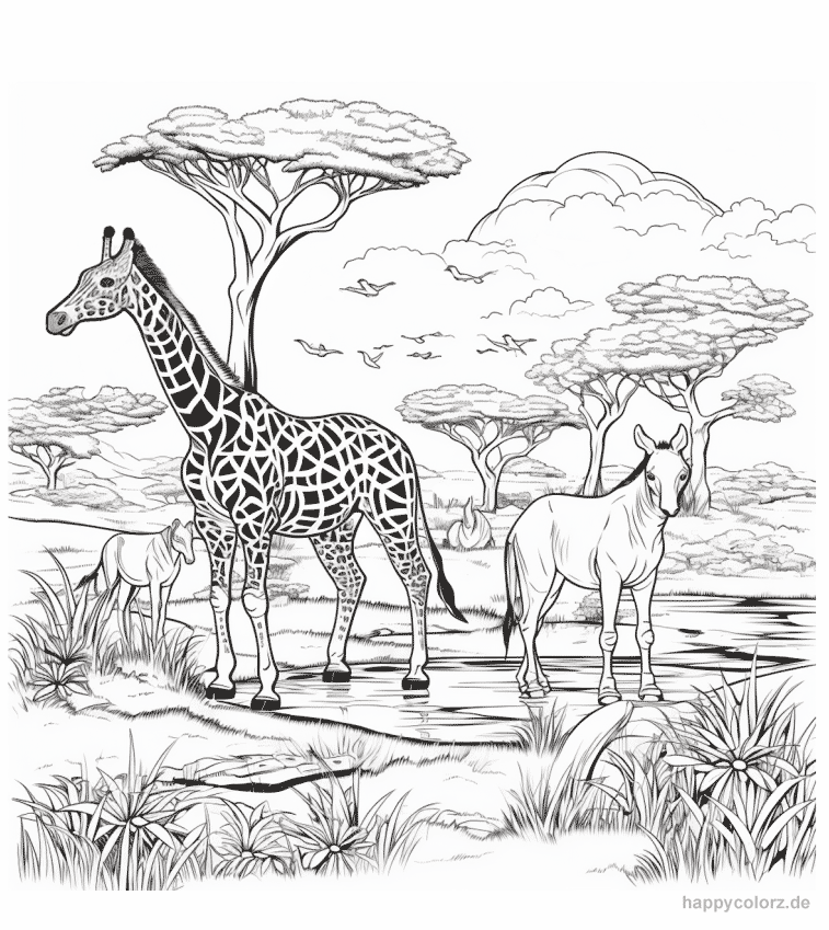 Giraffe in der Savanne - Ausmalbild Erwachsene Landschaft mit Tieren