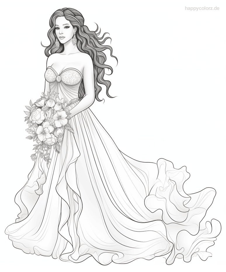 Braut mit Blumen Ausmalbild