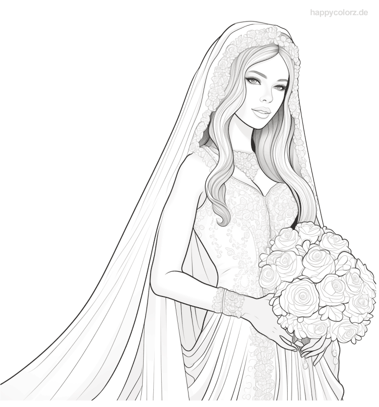 Braut mit Blumenschleier Portrait Malvorlage