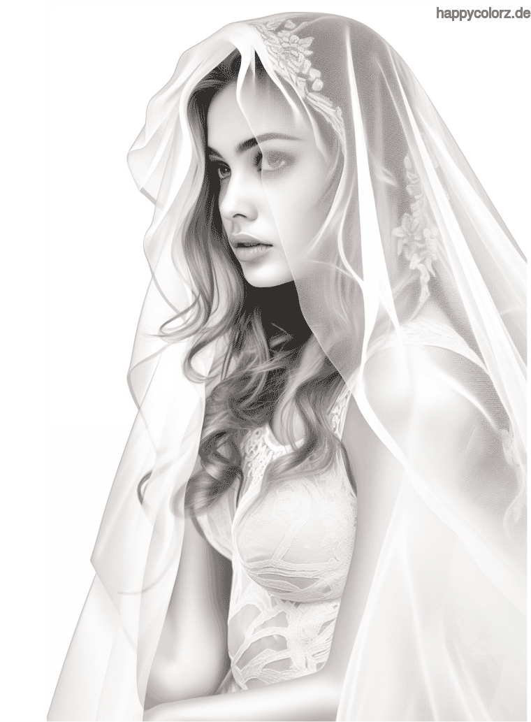 Braut mit Schleier im Portrait Ausmalbild pdf